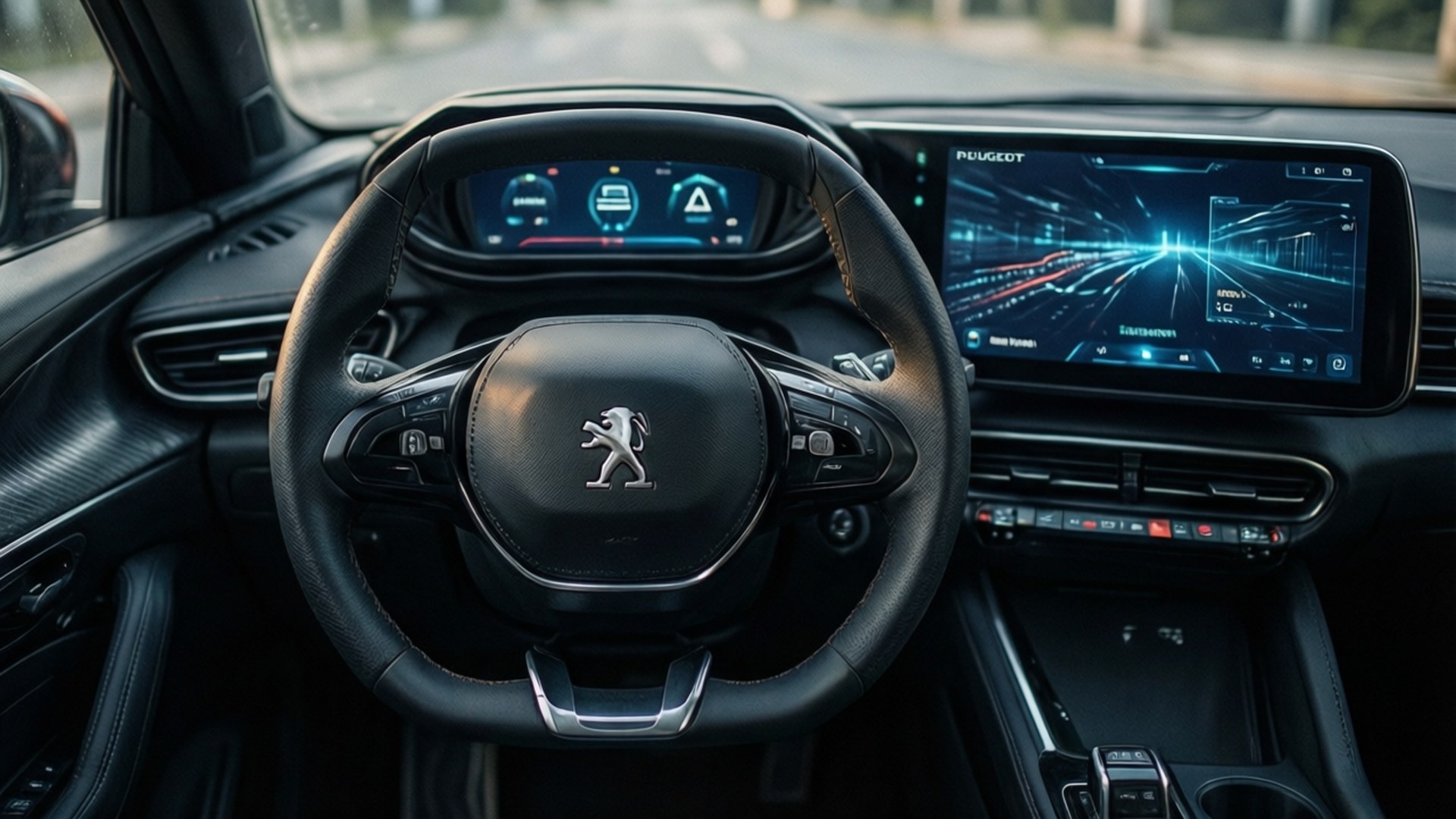 i-Cockpit Futuristic 壁紙 — 時尚的Peugeot汽車內飾，配備數位儀表板和觸控螢幕，顯示未來風格的藍色高速公路地圖。
