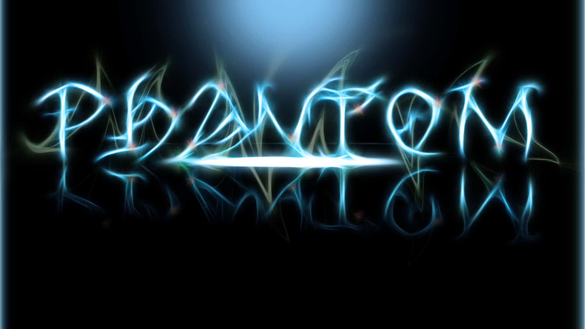 Danny Phantom 桌布 壁紙 — 「phantom」這個詞在黑暗背景上發出電藍色光芒，營造出未來感和神秘的氛圍。