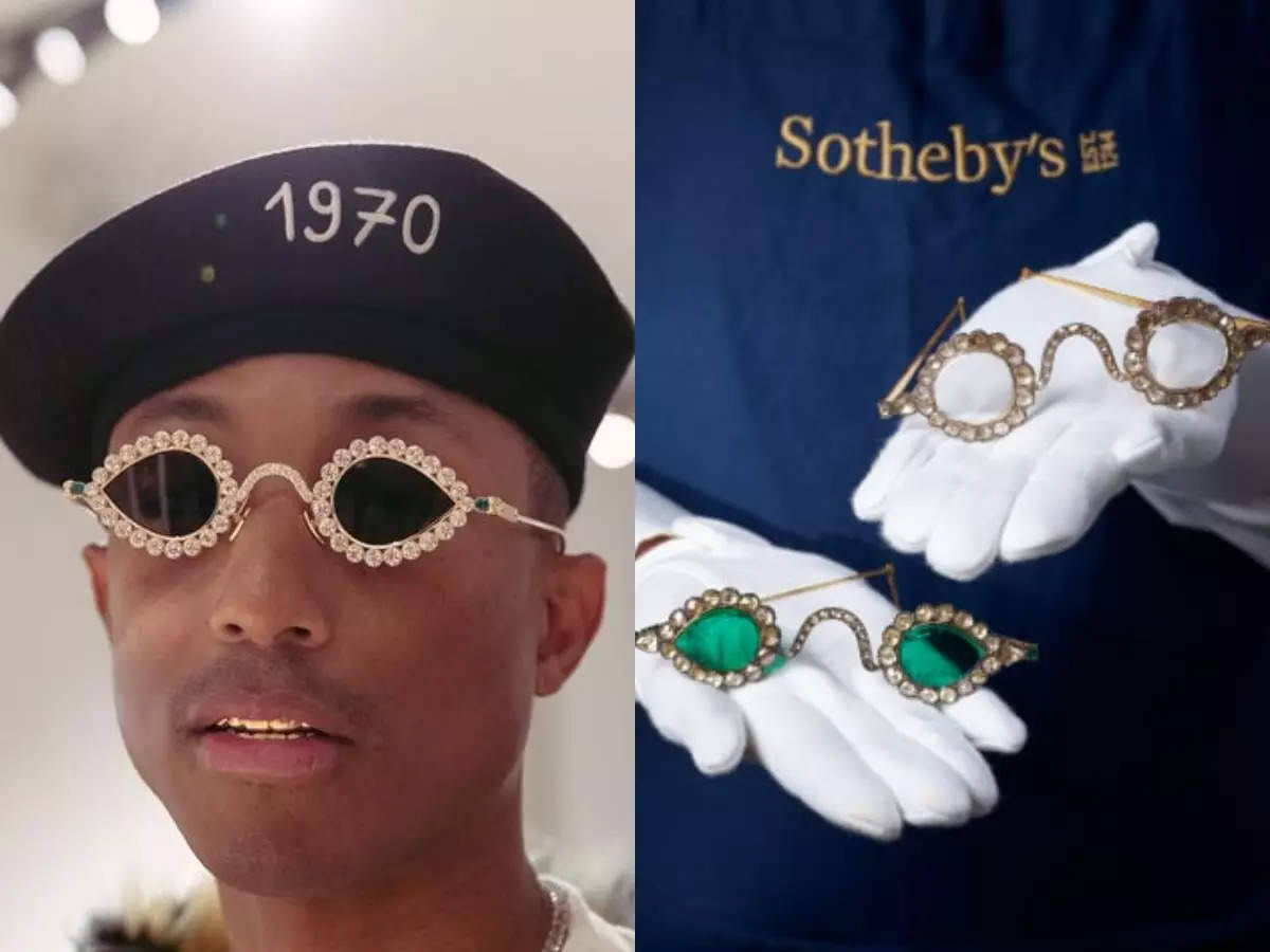 Sunglasses 桌布 壁紙 — Pharrell Williams 在蘇富比戴著鑲鑽太陽眼鏡，旁邊是拍賣的復古翡翠眼鏡。