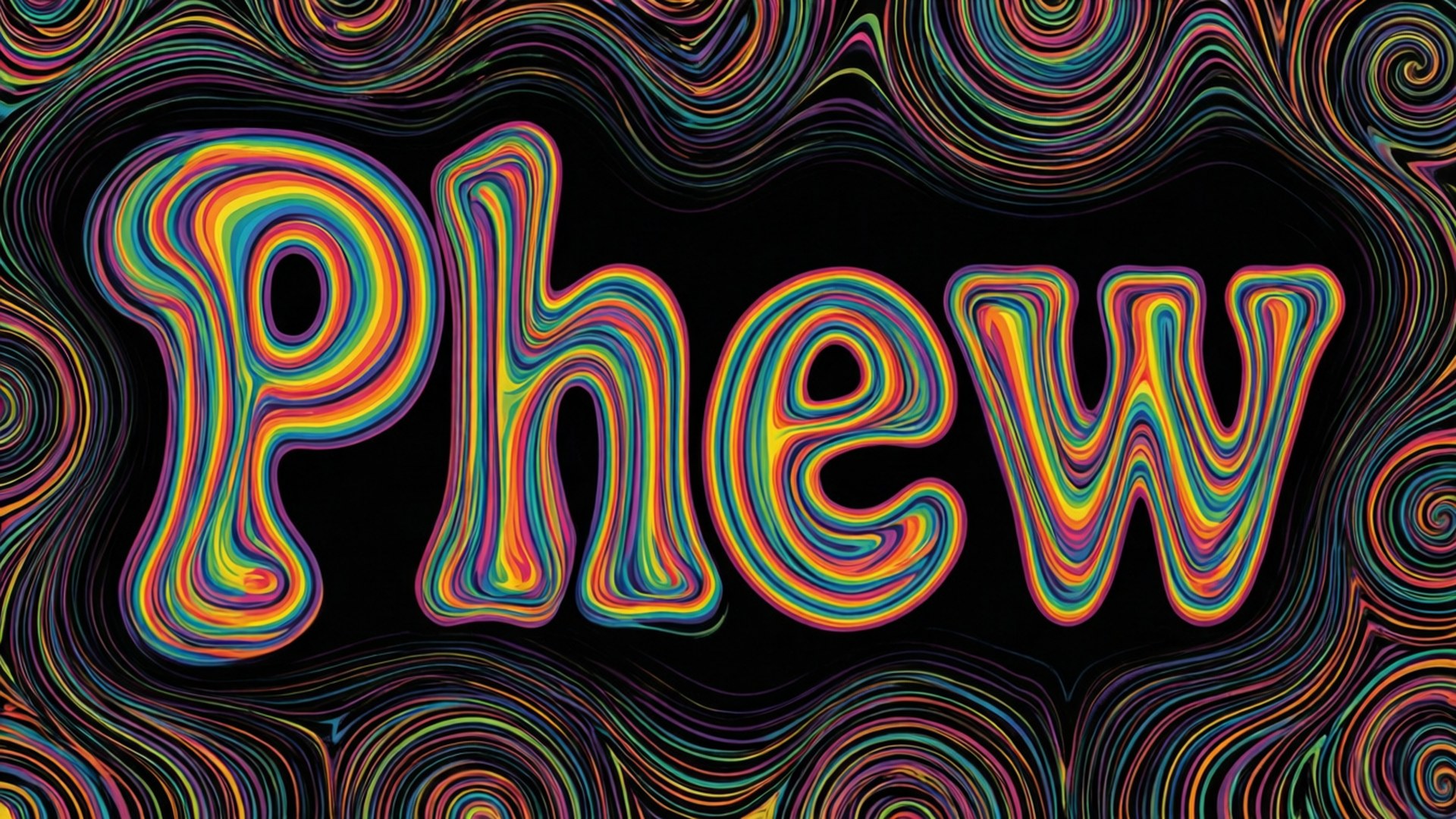 Retro Phew Groovy 壁紙 — 「Phew」一詞在黑色背景上以迷幻彩虹漩渦發光，並帶有催眠波浪圖案。
