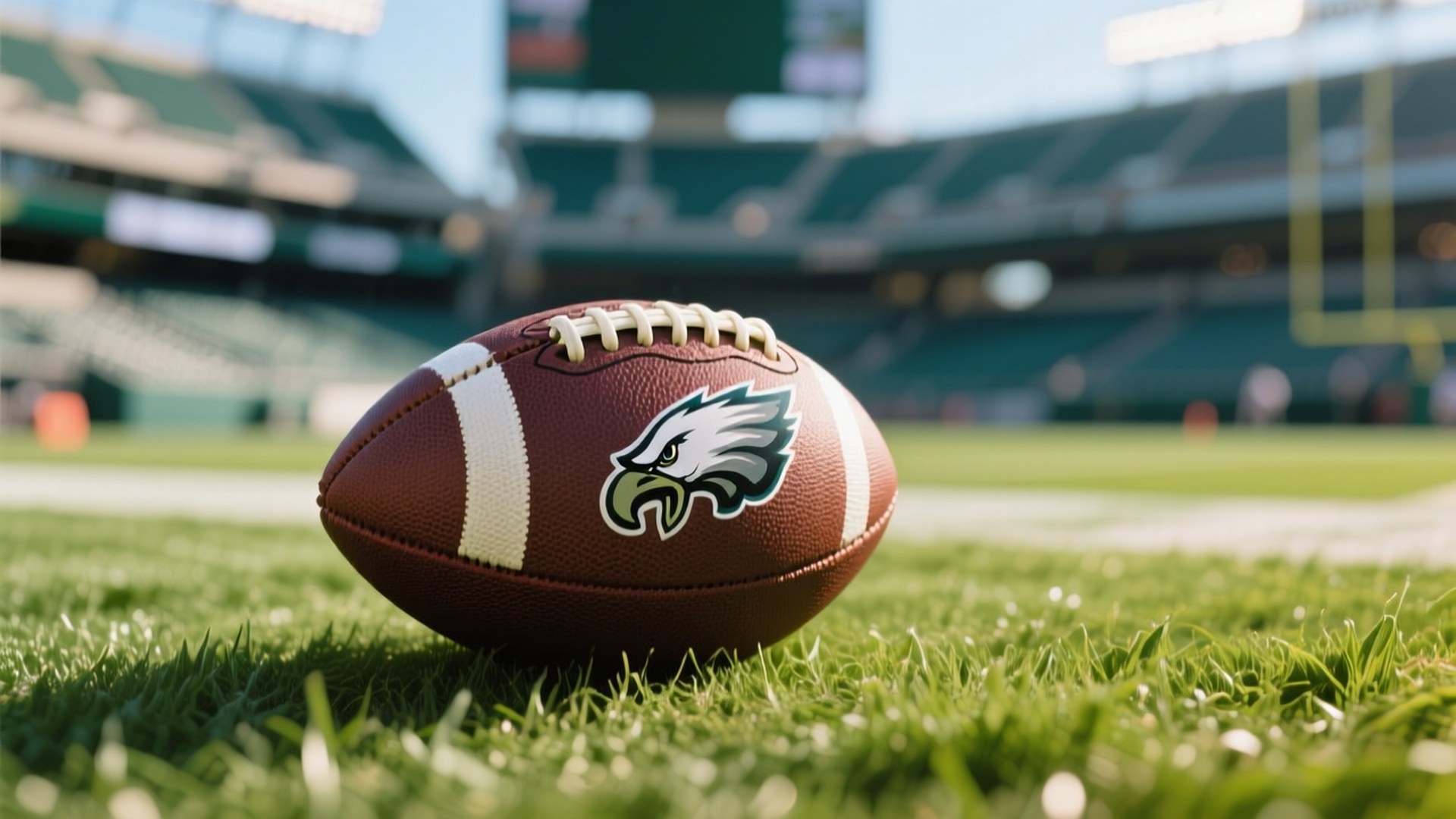Eagles Football Close-Up 壁紙 — 一個費城老鷹隊的橄欖球在明亮的陽光下，躺在空蕩蕩的體育館中充滿活力的綠色草地上。
