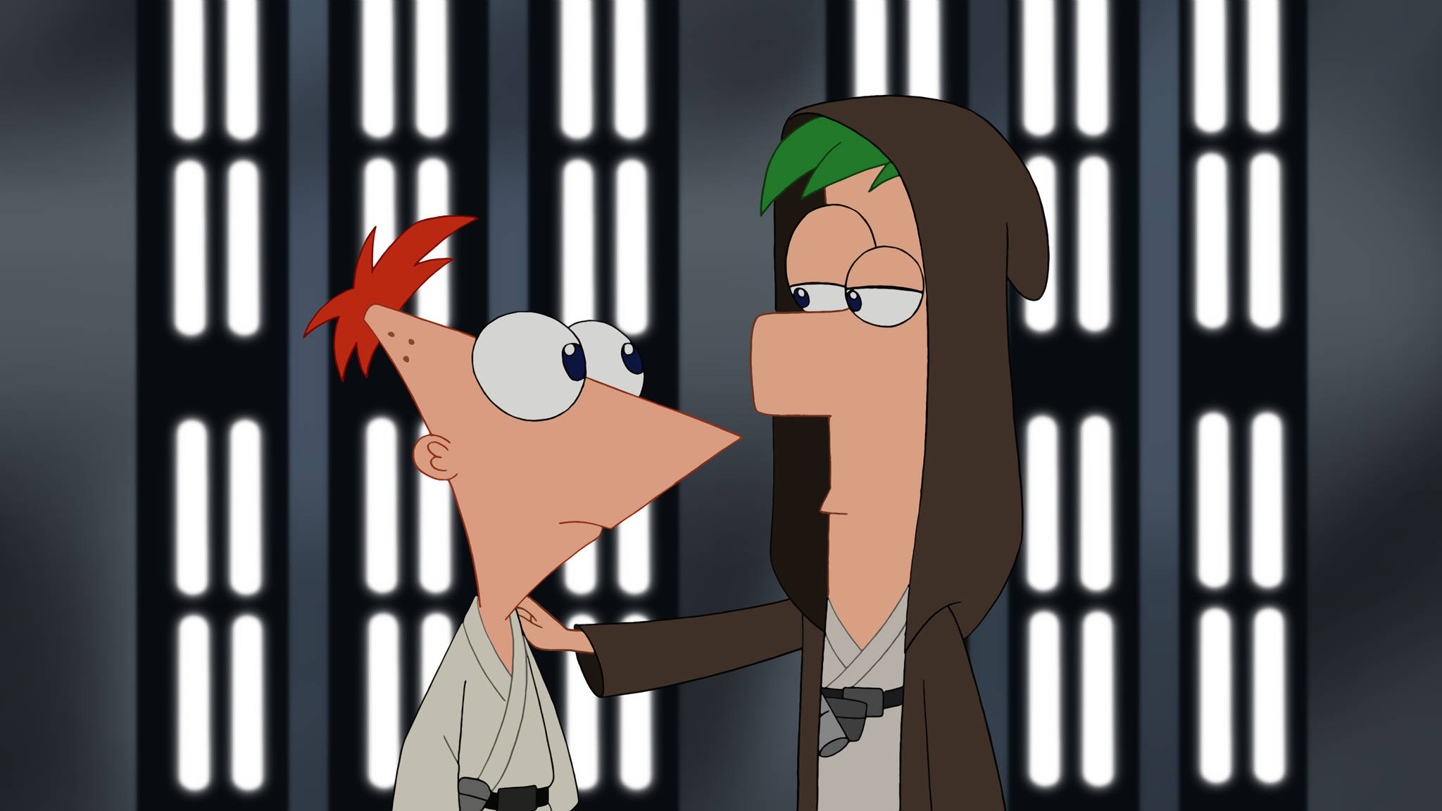 Ferb 桌布 壁紙 — Phineas and Ferb in Star Wars costumes stand in a prison cell with glowing bars behind them.