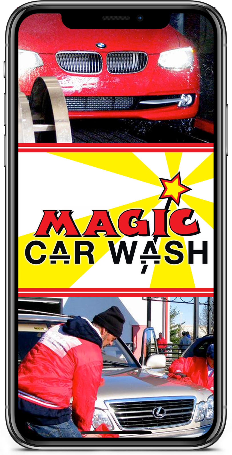 手機顯示Magic Car Wash廣告，有紅色BMW和工人清潔銀色Lexus。 — 洗車 壁紙