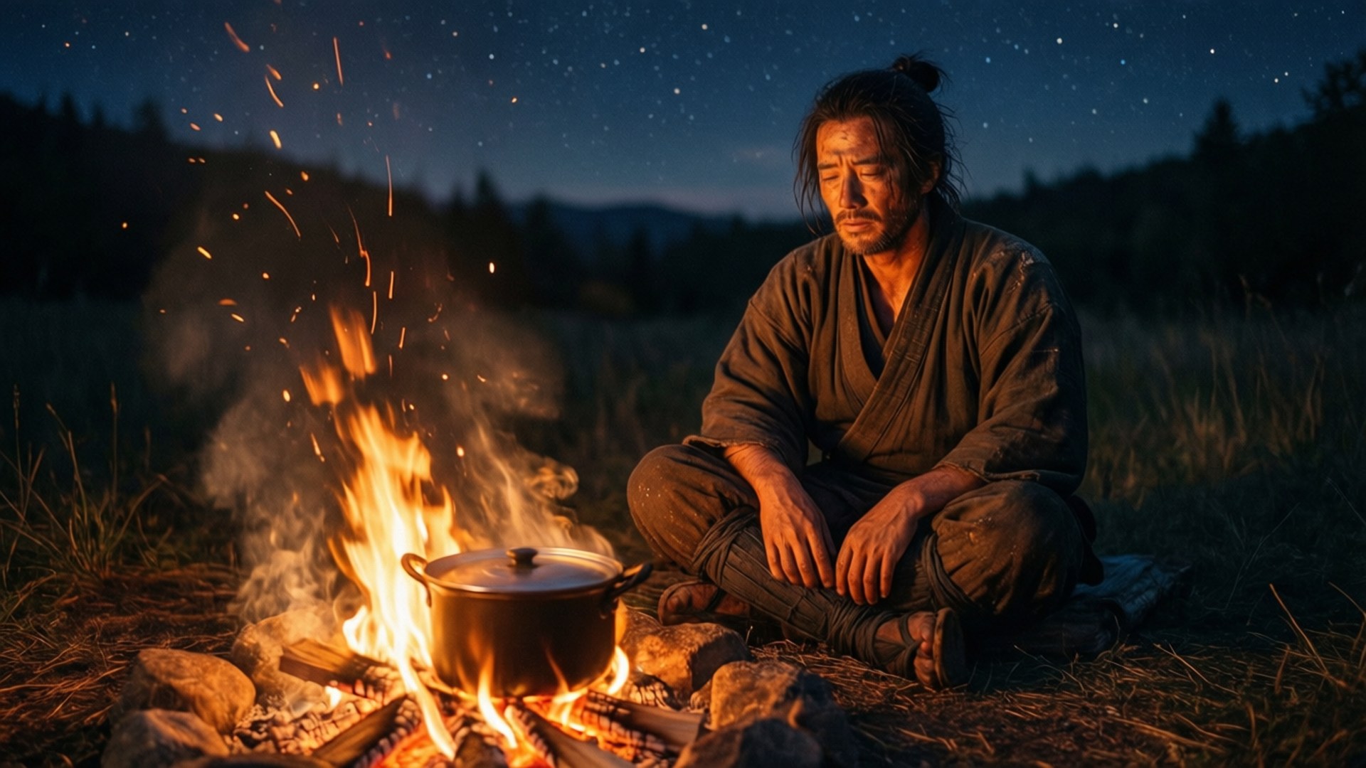 Ronin 桌布 壁紙 — 一位疲憊的武士盤腿坐在噼啪作響的營火旁，星空下火花飛舞。