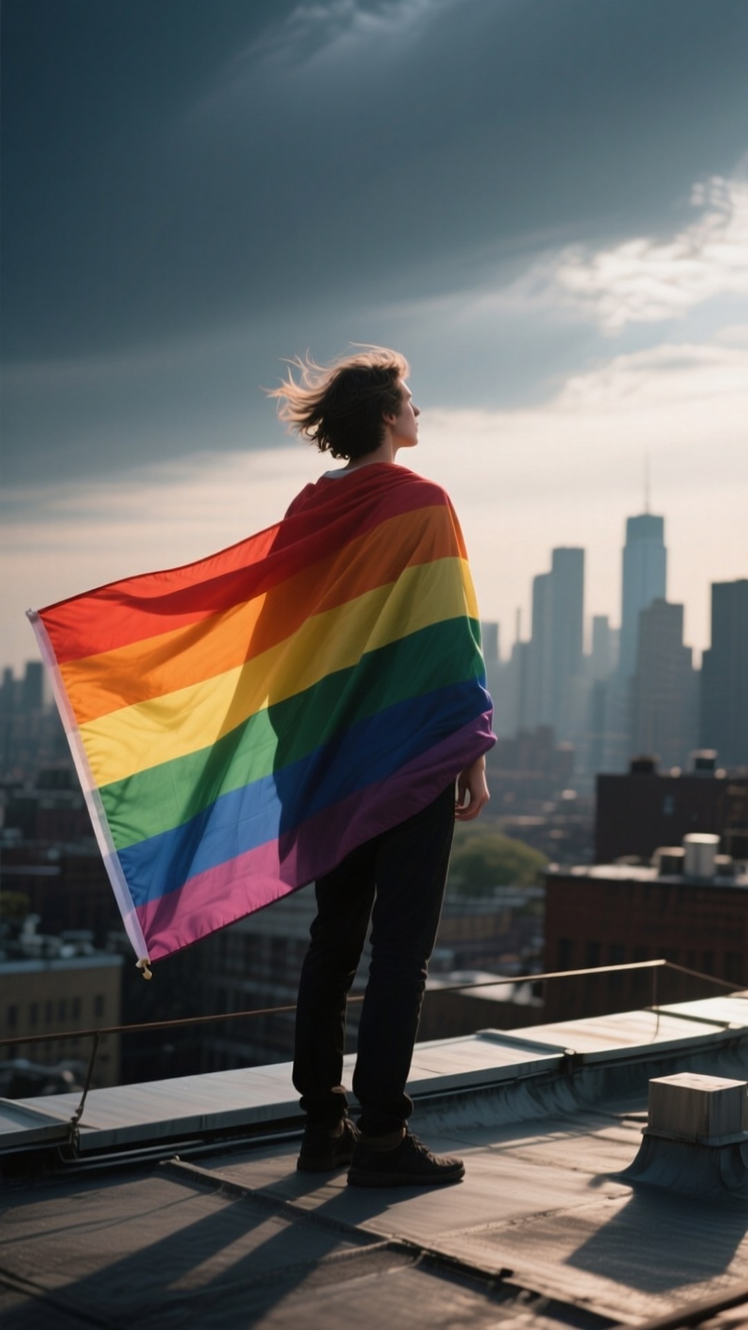 Solo Pride Flag 壁紙 — 一個人站在屋頂上，披著彩虹旗，背後是城市摩天大樓，天空壯麗。