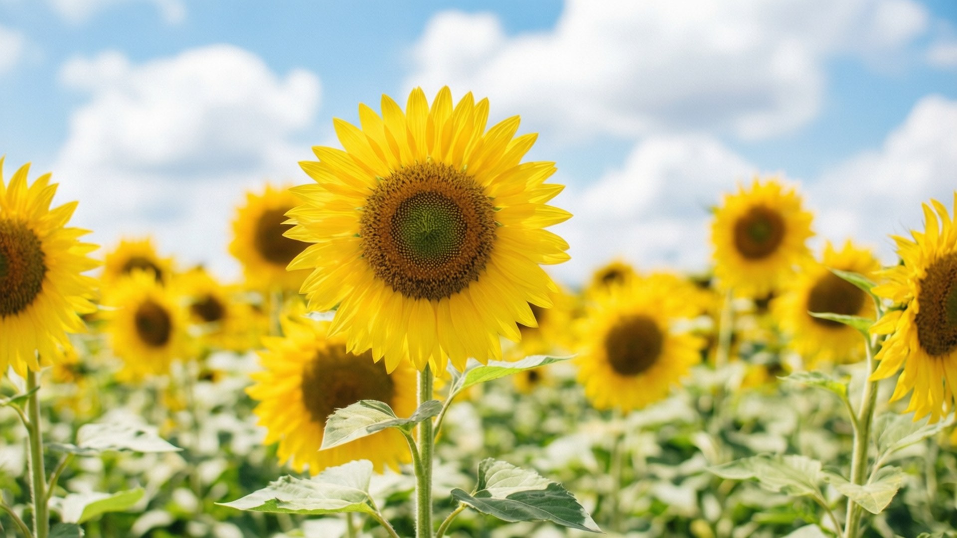 Sunflower Field Bliss 壁紙 — 一片充滿活力的向日葵田在明亮的藍天下搖曳，點綴著蓬鬆的白雲。