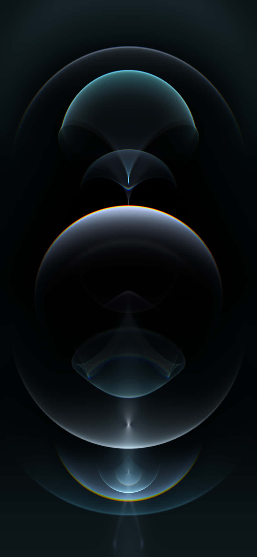 漂浮的發光球體，帶有藍色和金色邊緣，在深色背景上。 — iPhone 13 Pro 壁紙