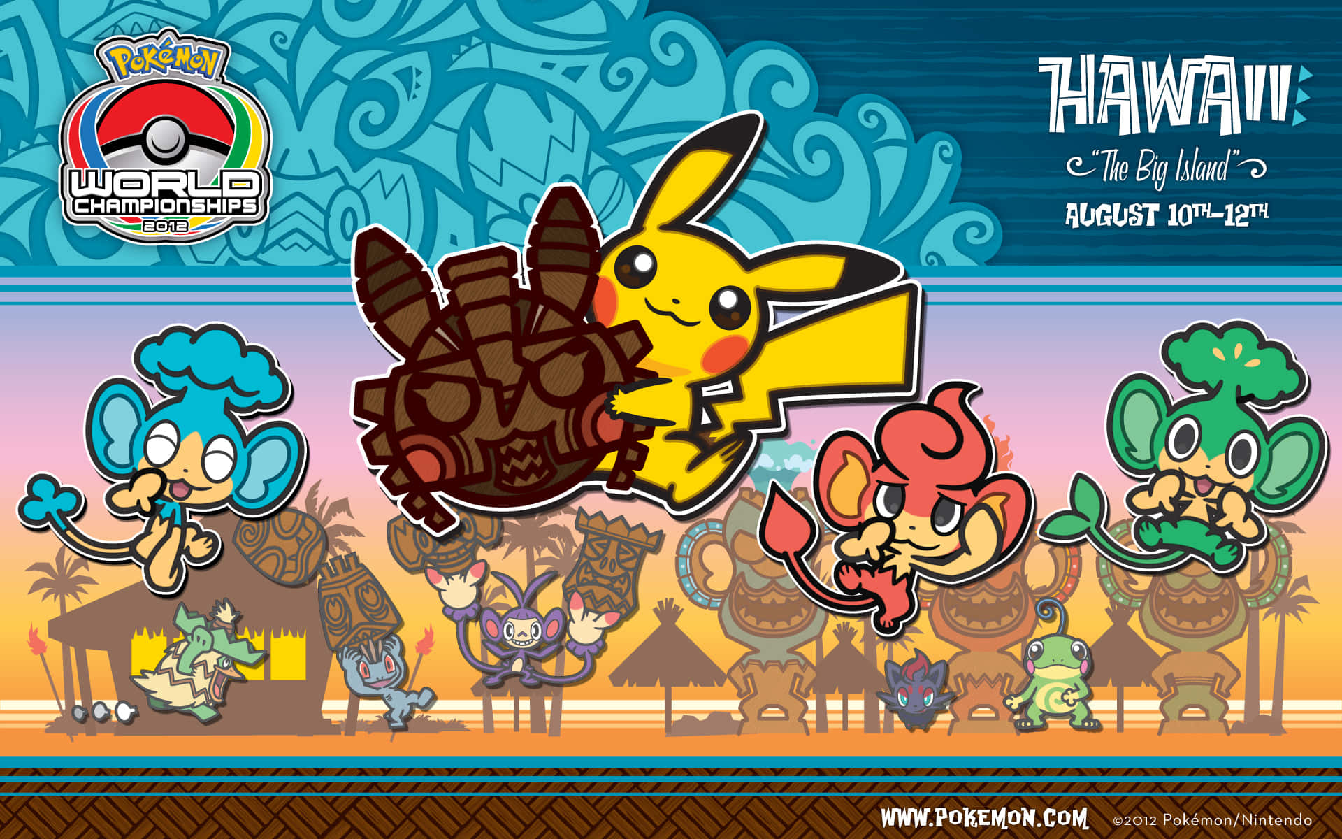 Pokemon World Championships 桌布 壁紙 — Pikachu 和其他 Pokémon 角色在充滿活力的夏威夷主題藝術作品中，為 2012 年 Pokémon 世界錦標賽而創作。