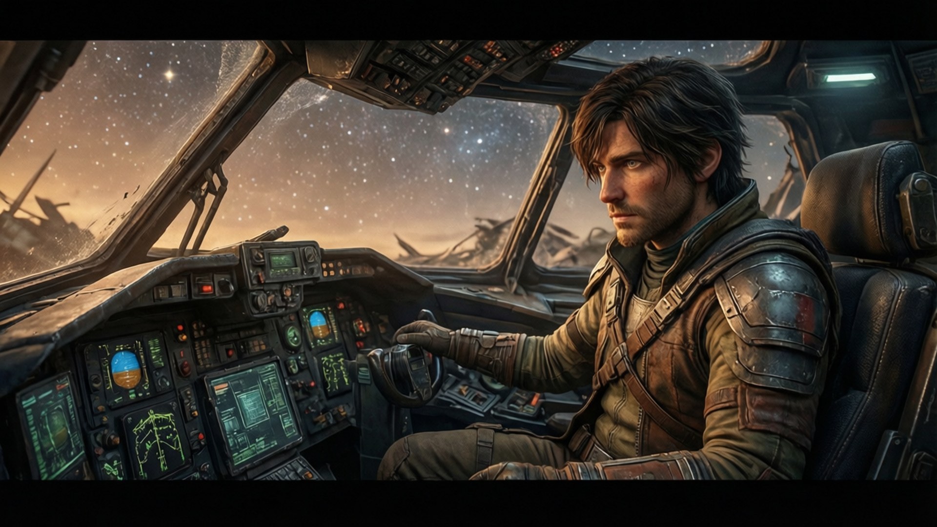 Home in the Stars 壁紙 — 一個強壯的飛行員坐在星艦的駕駛艙中，緊握控制器，而星域和廢墟景觀透過窗戶發光。