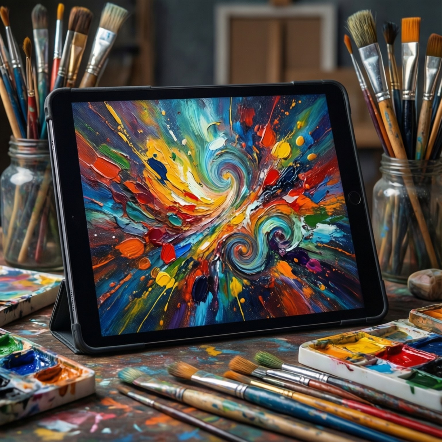 Art Studio Tablet 壁紙 — 一台平板電腦顯示一幅充滿活力的旋轉抽象畫，周圍是畫筆和調色板，放在雜亂的藝術家桌上。
