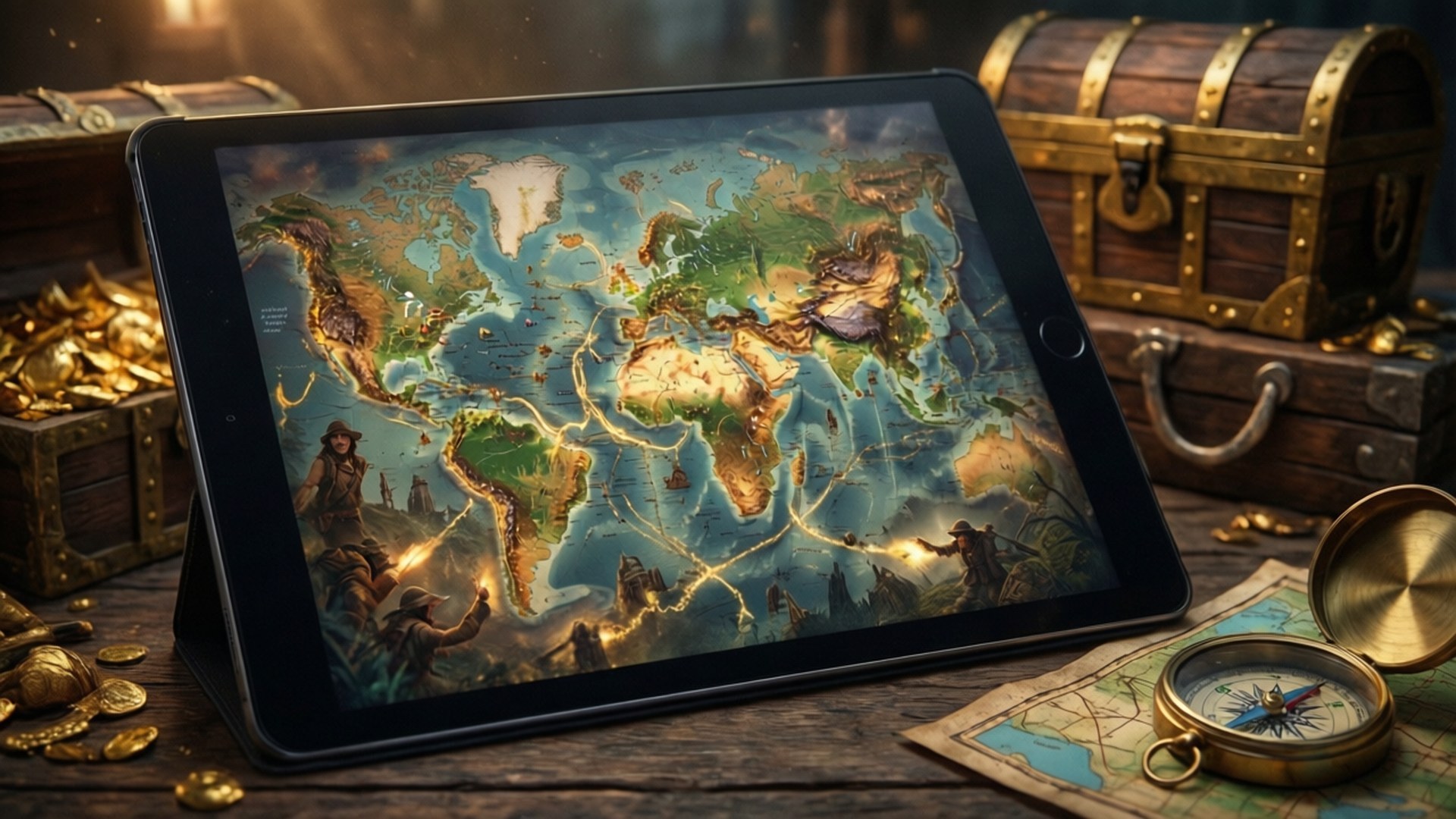 Adventure Map Tablet 壁紙 — 平板電腦顯示一個幻想世界地圖，帶有發光路線，周圍有寶箱、金幣和指南針在木桌上。