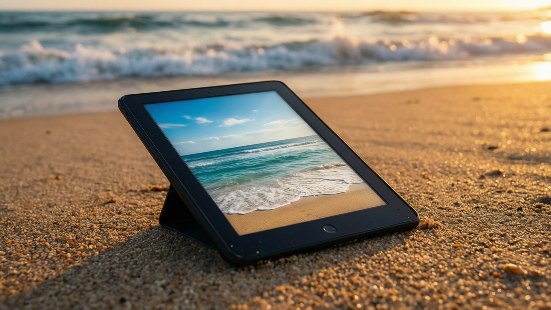 Ebook at Sunset Beach 壁紙 — 一台顯示海灘場景的平板電腦放在溫暖的沙子上，真實的海浪在金色日落時分在附近拍打。