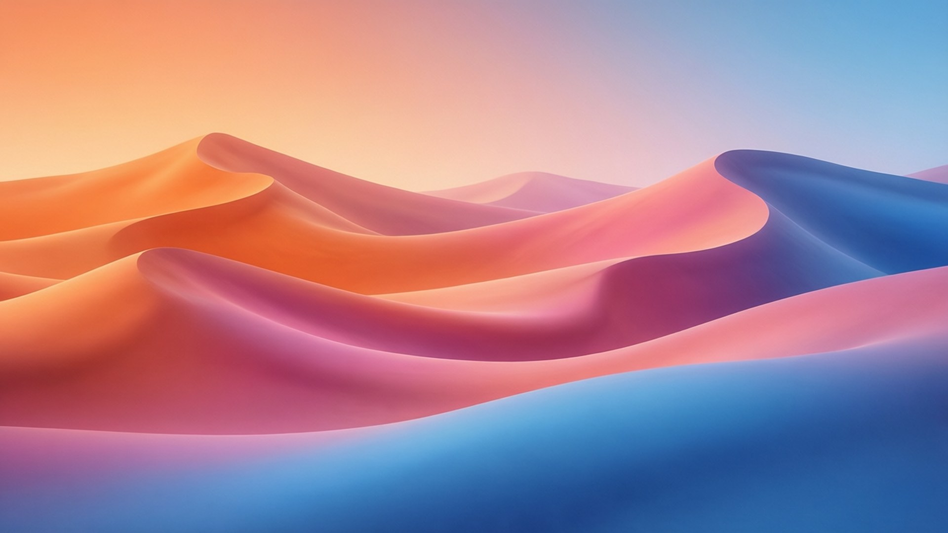 Mojave Gradient Waves 壁紙 — 平滑起伏的色彩從暖橙色過渡到冷藍色，營造出超現實的抽象景觀。