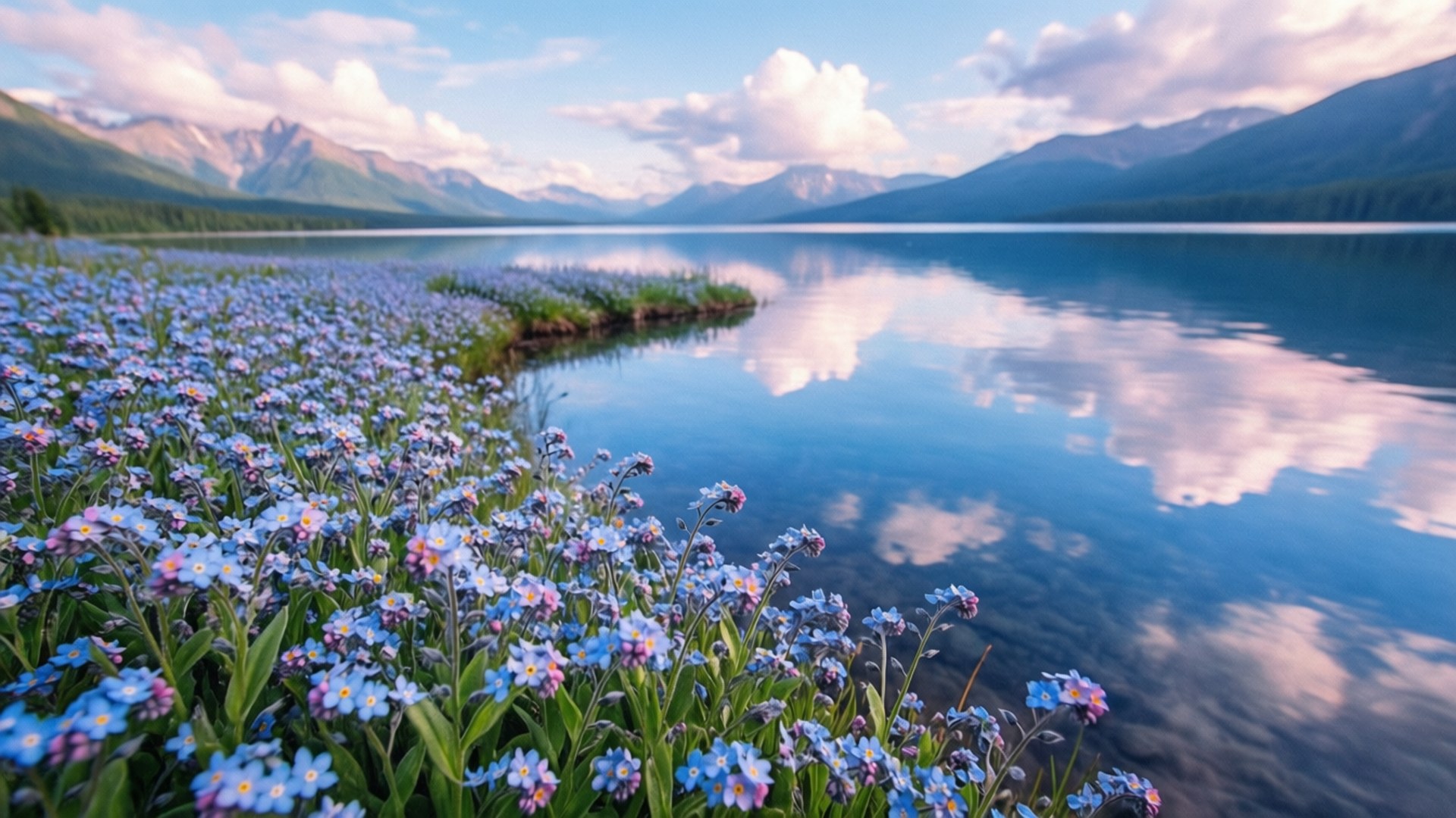 Lakeside Carpet of Blue 壁紙 — 平靜的湖面倒映著蓬鬆的雲朵和遠山，鮮豔的藍色勿忘我花在湖岸盛開。