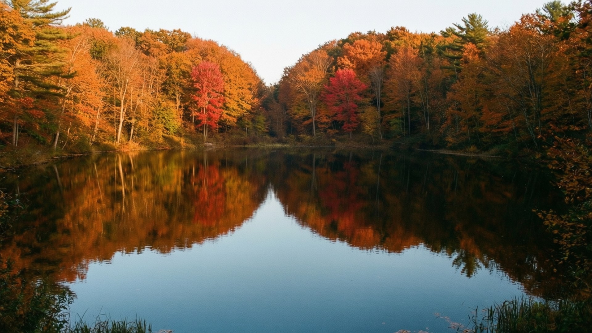 Heart Lake Autumn 壁紙 — 平靜的湖面映照著色彩繽紛的秋樹，有火紅、橙黃等色調，天空柔和。