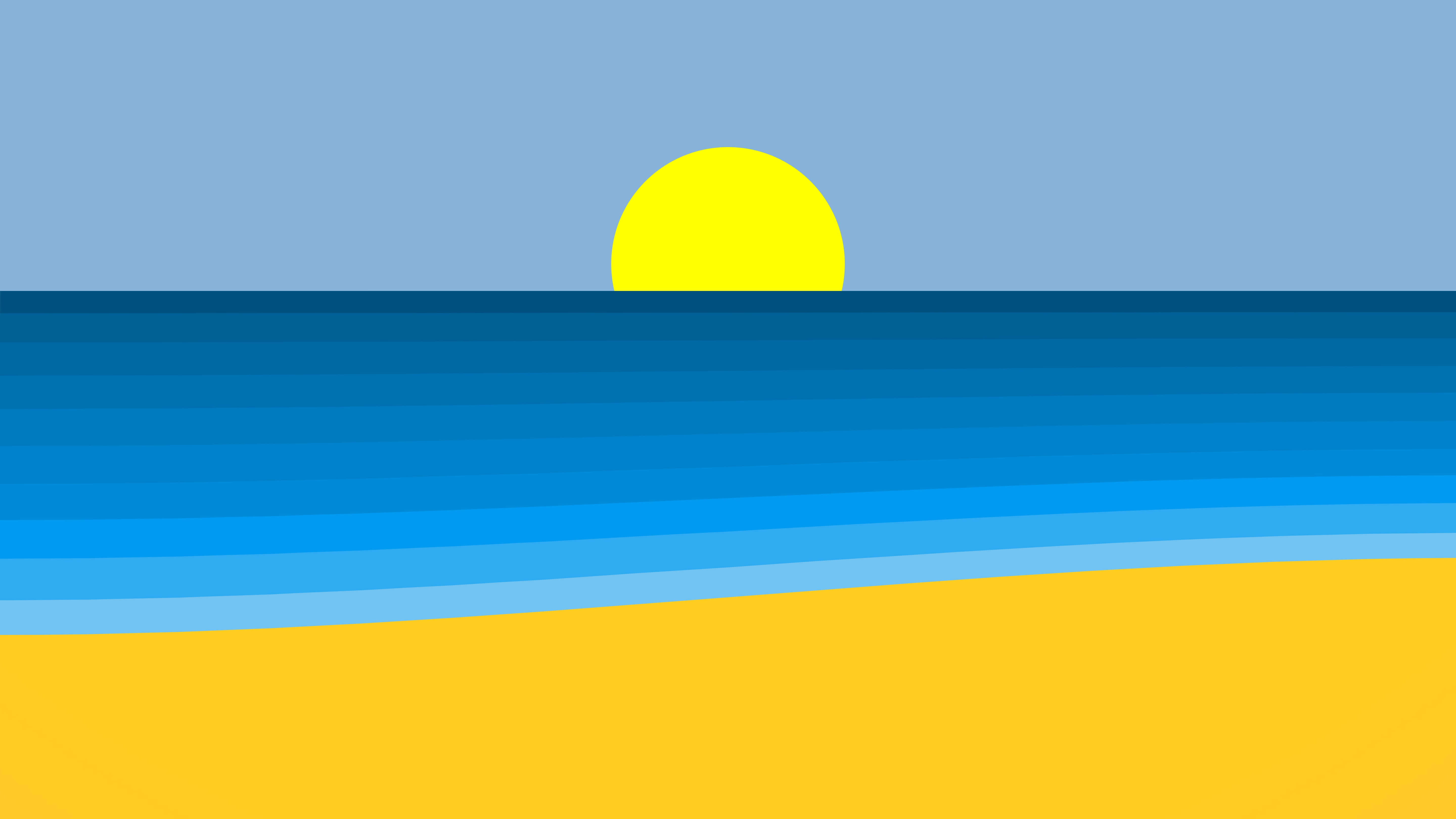 Minimalist Beach 桌布 壁紙 — 平靜海洋上的極簡日落，帶有藍色和黃色的粗體水平條紋。
