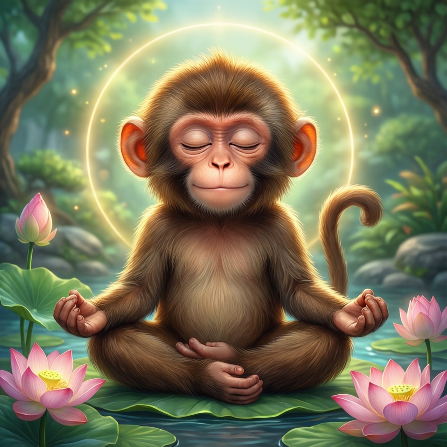 Meditating Monkey 壁紙 — 一隻平靜的猴寶寶在發光的森林池塘中，盤腿坐在被粉紅色蓮花環繞的睡蓮上冥想。