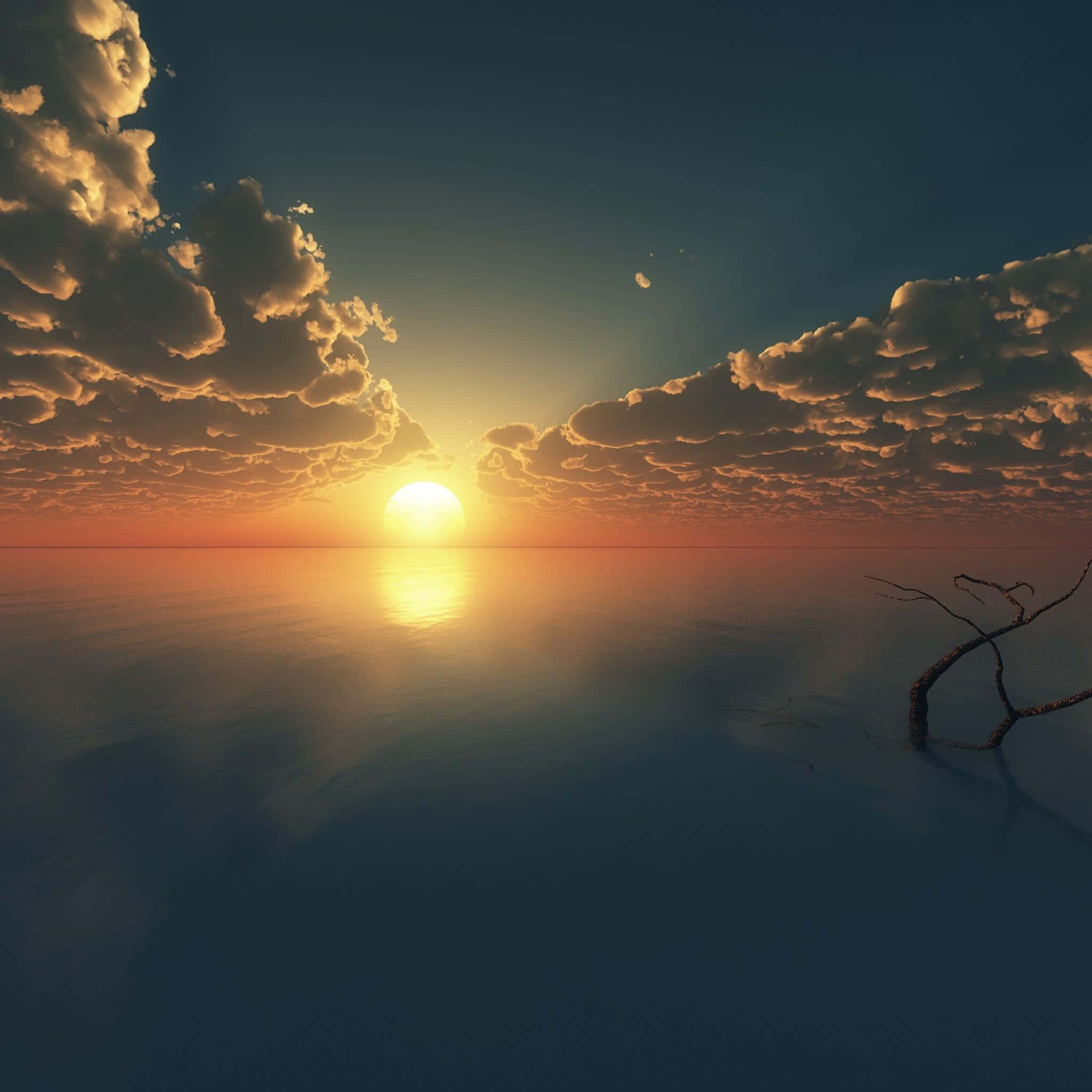 Sunset Reflection 桌布 壁紙 — 平靜水面上寧靜的日落，金色陽光反射在水面，戲劇性的雲彩被溫暖的光線照亮。