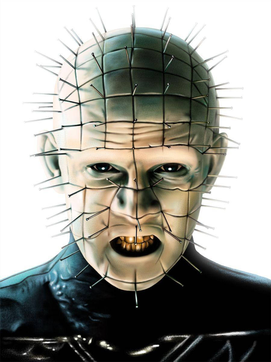 Pinhead 桌布 壁紙 — Pinhead 的特寫，他的臉和頭部嵌入了針，背景是純白色。