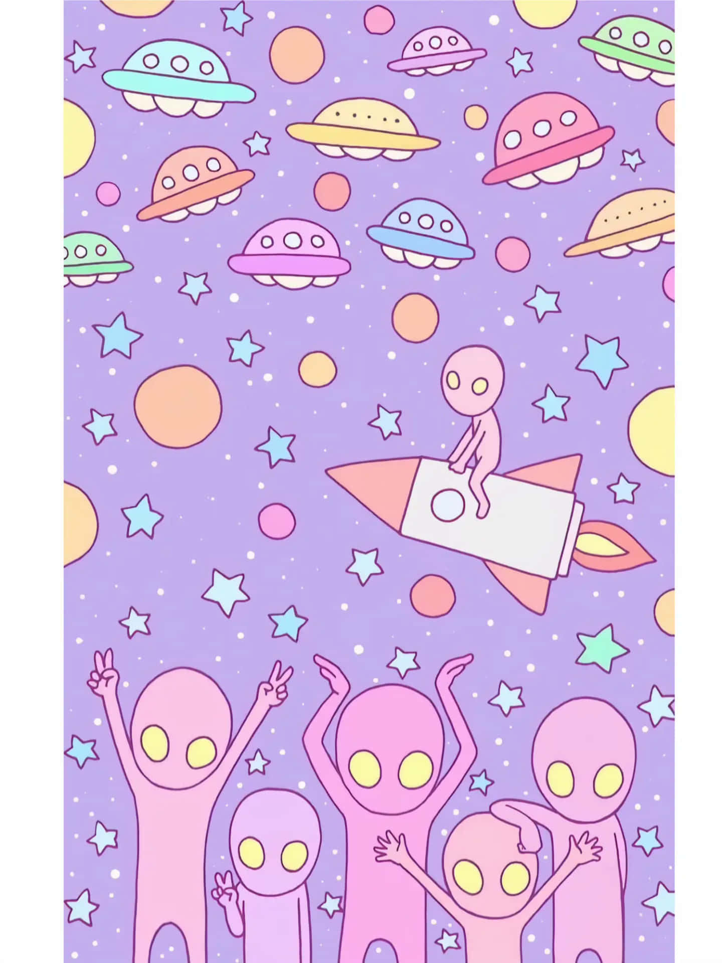  壁紙 — 粉紅色外星人黃色眼睛在滿佈彩色UFO和行星的星空紫色天空下慶祝。