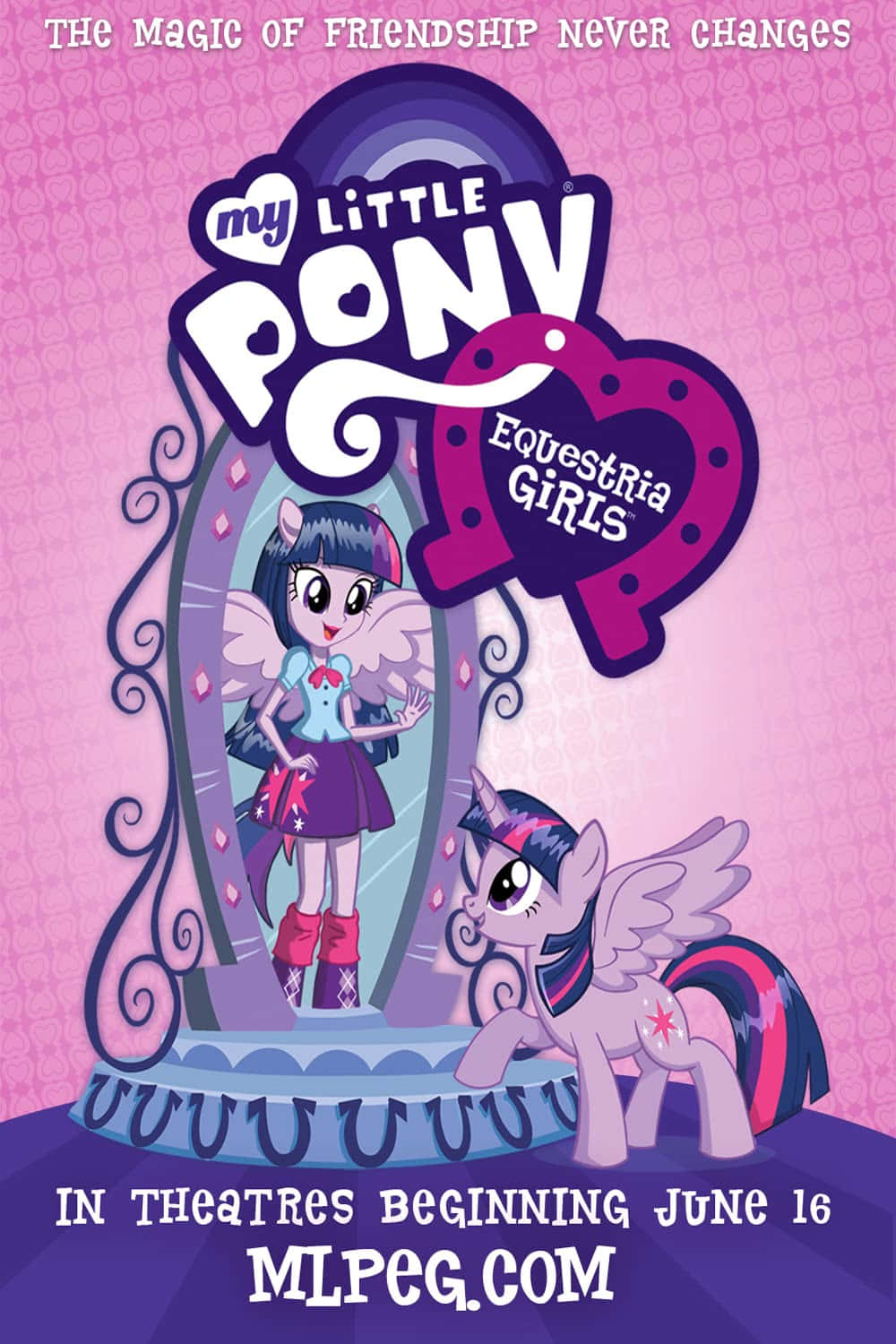 彩虹小馬 桌布 壁紙 — My Little Pony Equestria Girls 的粉紅色和紫色宣傳海報，展示 Twilight Sparkle 的人類和小馬形態。