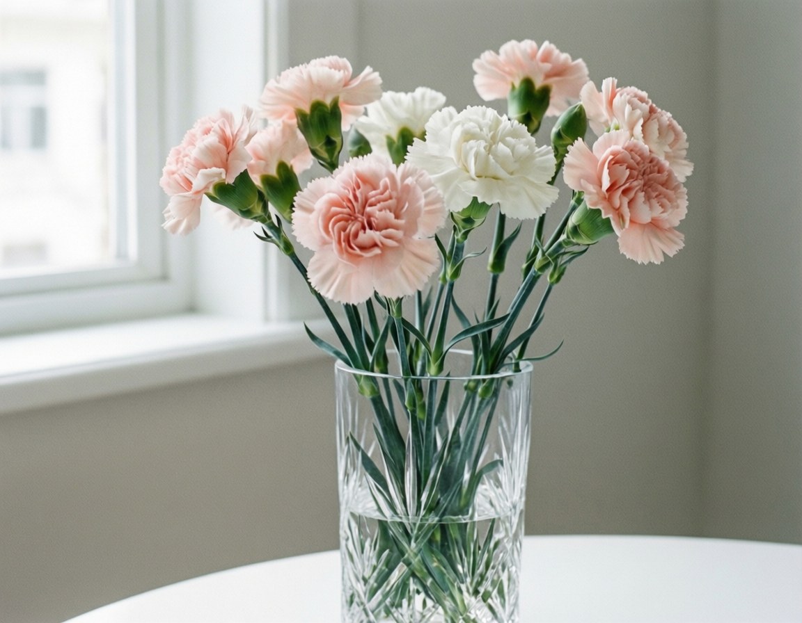 Minimalist Carnations Vase 壁紙 — 一個透明玻璃花瓶盛載著粉紅色和白色的康乃馨，配以綠色莖部，放在白色桌子上，靠近明亮的窗戶。