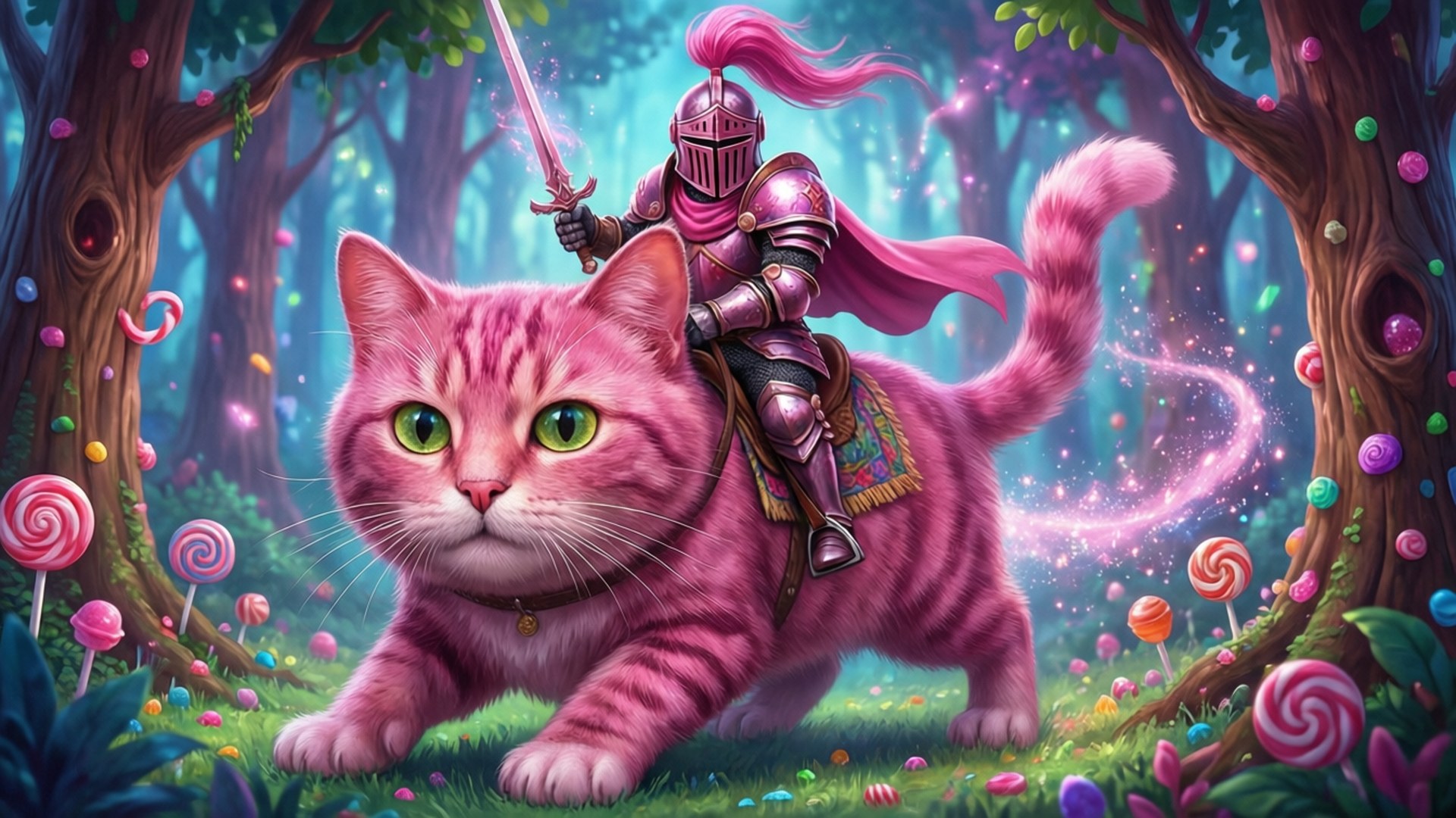 Pink Knight's Feline Ride 壁紙 — 一位身穿粉紅色盔甲的騎士騎著一頭雄偉的粉紅色虎斑貓，穿過一個充滿魔法光芒的奇幻糖果森林。