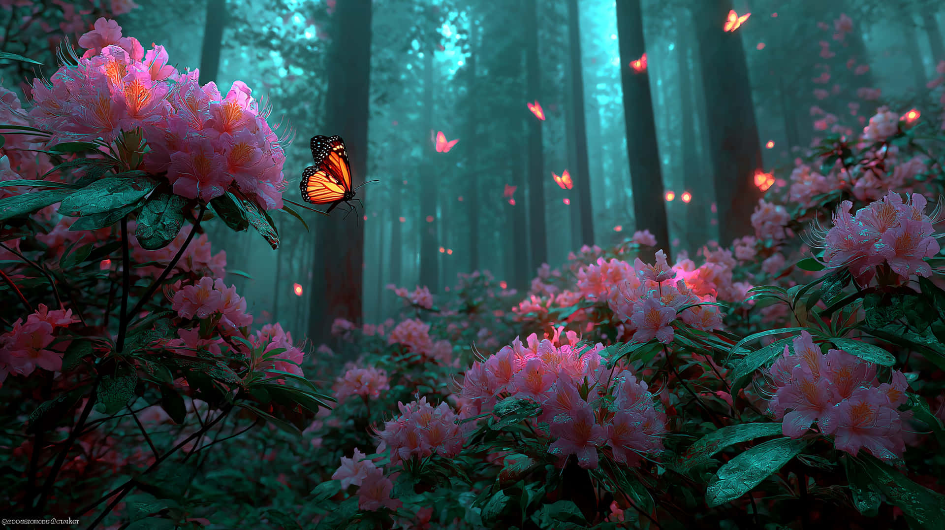 Misty Forest Bloom 壁紙 — Pink azaleas bloom in a misty forest as glowing orange butterflies flutter among towering trees bathed in teal light.