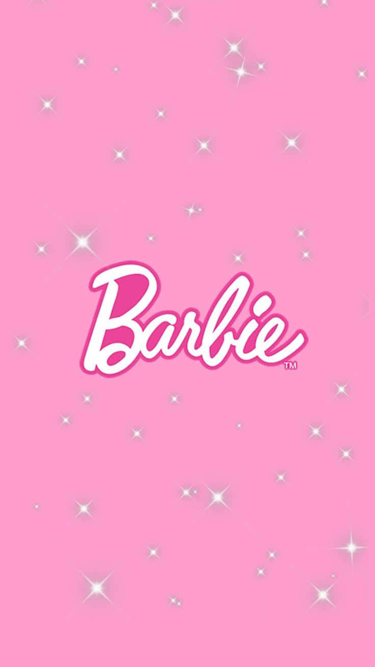 Glitter Barbie Aesthetic 桌布 壁紙 — 粉紅色背景，帶有閃爍的白色星星和標誌性的 Barbie 標誌，以草書粉紅色和白色呈現。