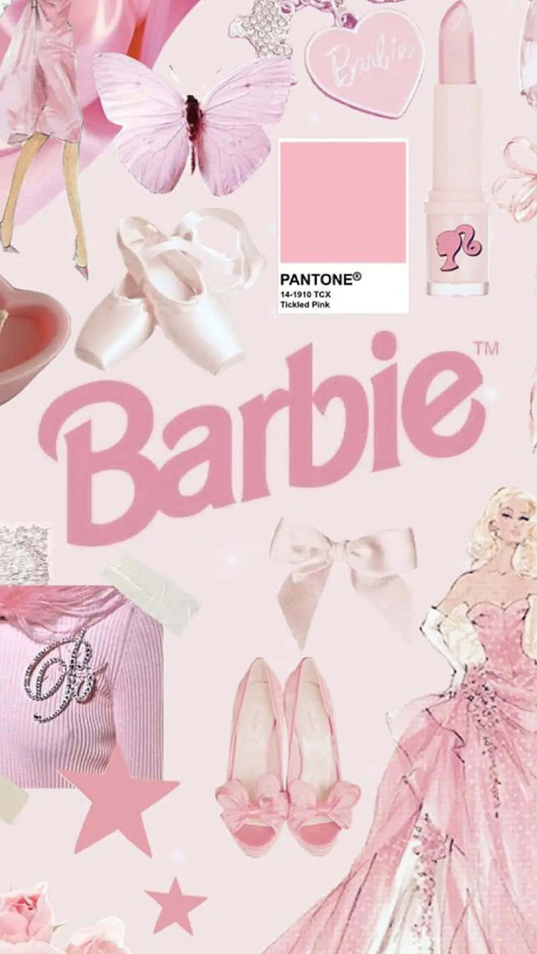  壁紙 — 以粉紅色為主題的 Barbie 拼貼畫，包含芭蕾舞鞋、蝴蝶和唇膏等標誌性物品，背景為柔和色調。