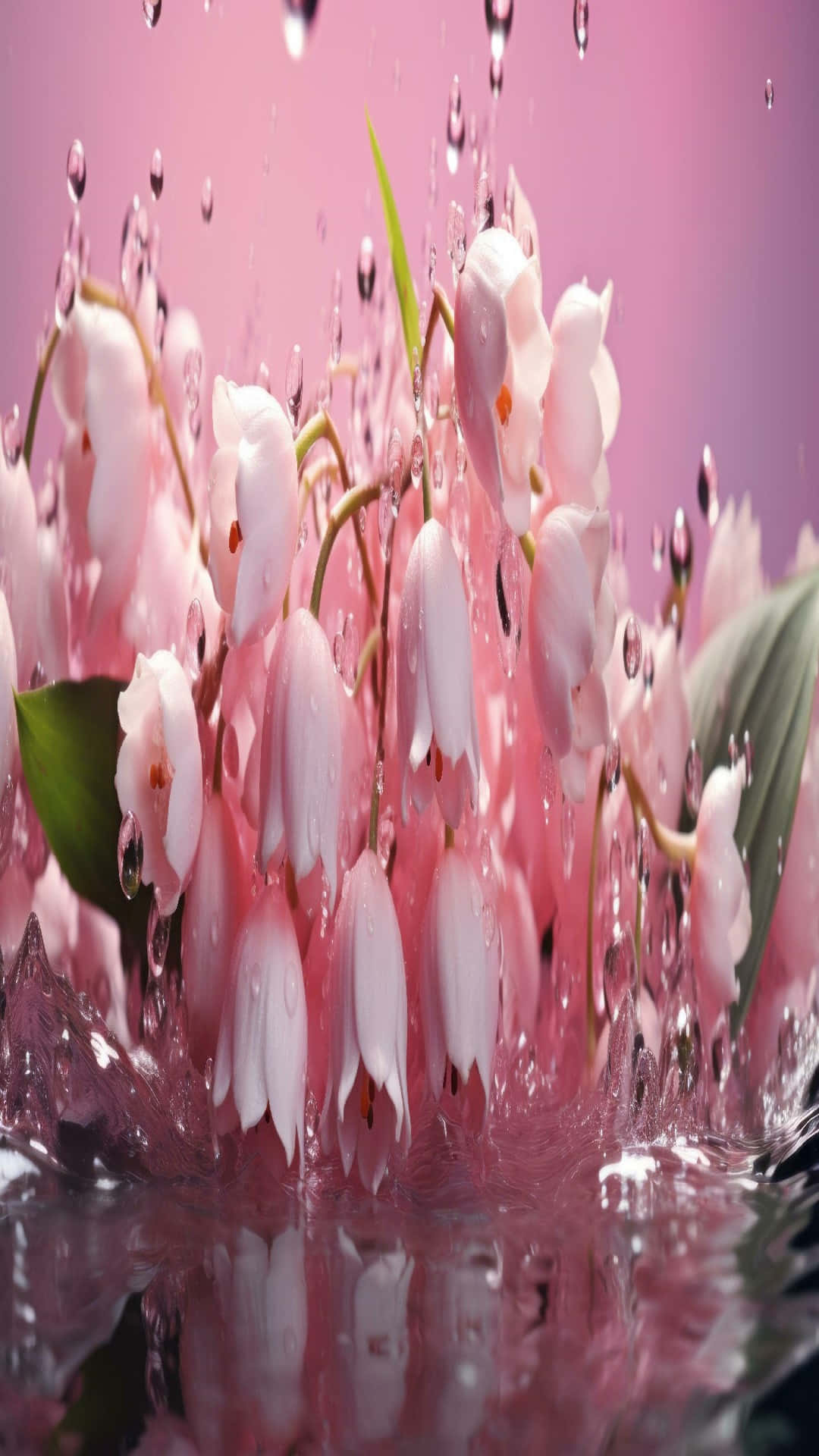 Lily Of The Valley 桌布 壁紙 — 粉紅色鐘形花朵閃爍著水滴，濺入反射池中，背景為柔和的粉紅色漸變。