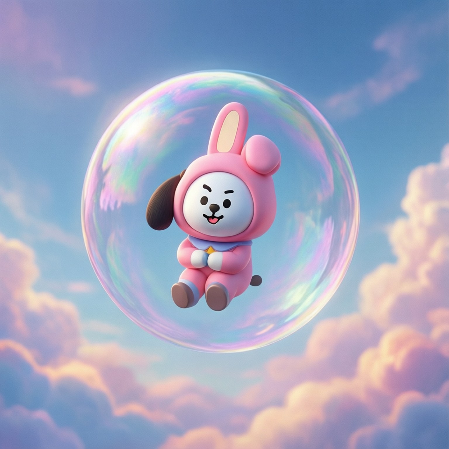 Bubble Chimmy Dream 壁紙 — 一隻粉紅色兔子角色在閃閃發光的泡泡裡快樂地漂浮，背景是有 fluffy 雲的粉彩天空。
