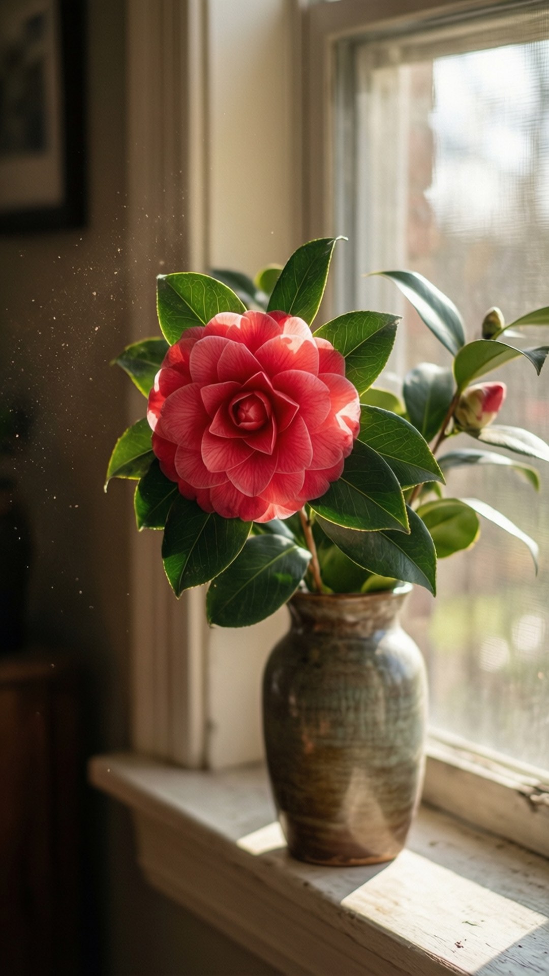 Windowsill Camellia 壁紙 — 一朵鮮豔的粉紅色山茶花在質樸的陶瓷花瓶裡盛開，放在陽光普照的窗台上，柔和的灰塵微粒在空中舞動。