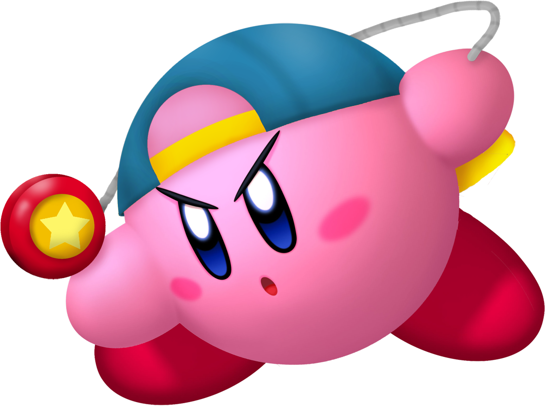 粉紅色卡通角色 Kirby 帶著憤怒的眼神拿著星星炸彈。 — 3D 壁紙