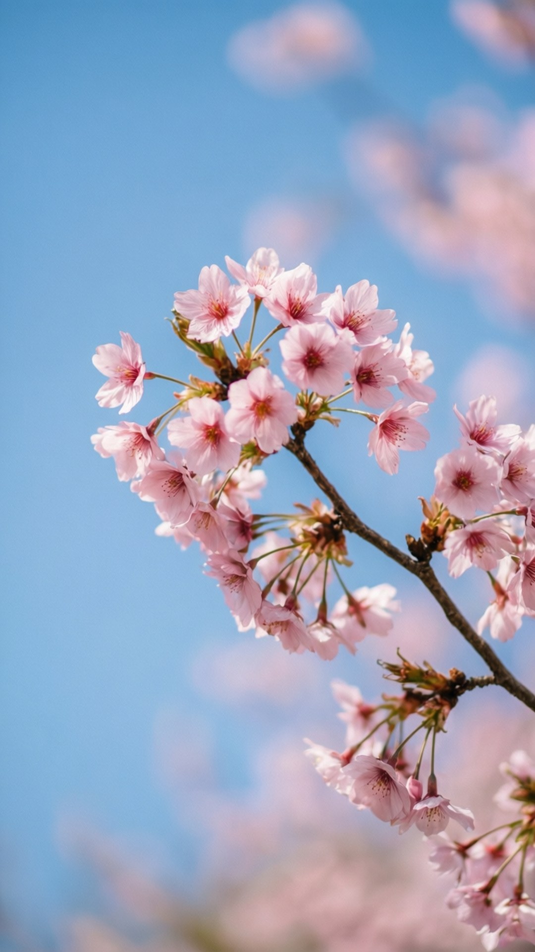 Cherry Blossom Branch 壁紙 — 一束粉紅色的櫻花枝條在清澈的藍天和柔和散景背景下鮮豔綻放。