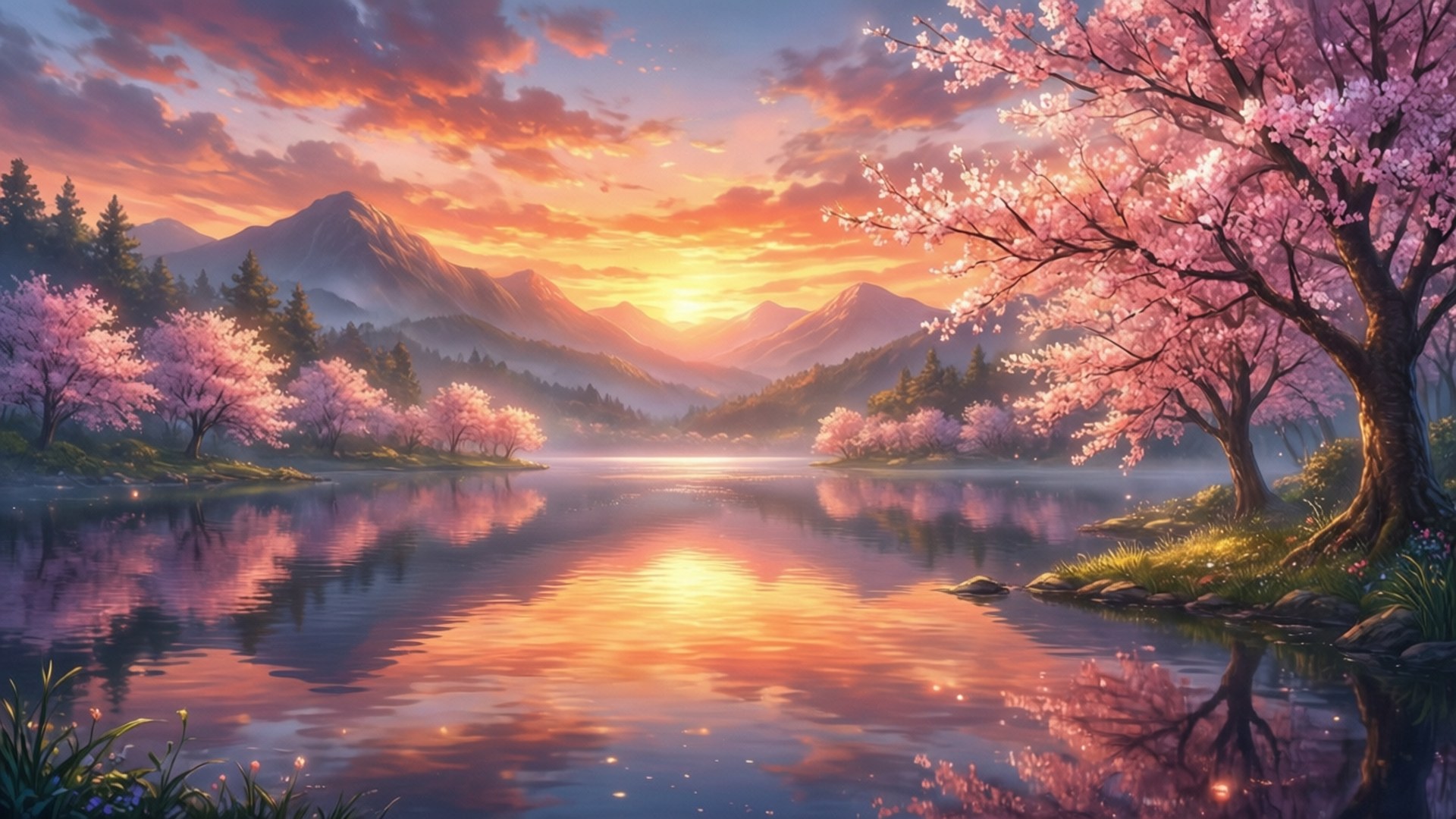 Aesthetic Anime Landscape 桌布 壁紙 — 粉紅色的櫻花沿著寧靜的湖邊盛開，倒映著遠山之上火紅的夕陽。
