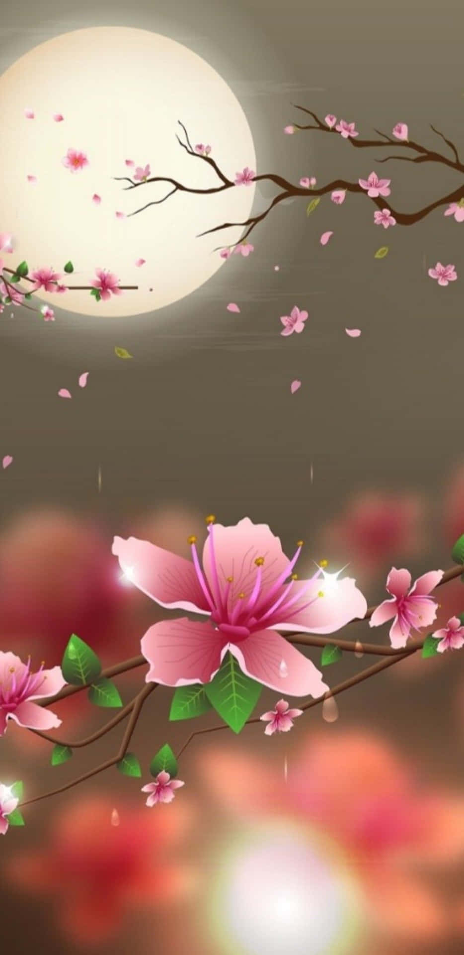  壁紙 — 粉紅色的櫻花在黑暗的樹枝上盛開，襯托著柔和發光的月亮，花瓣飄落，營造出寧靜的夜景。