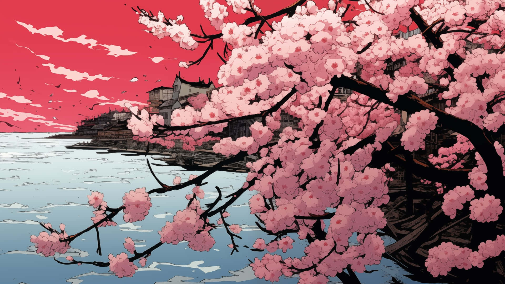  壁紙 — 粉紅櫻花在火紅的天空下，於平靜水域旁的傳統日本建築上方盛開。