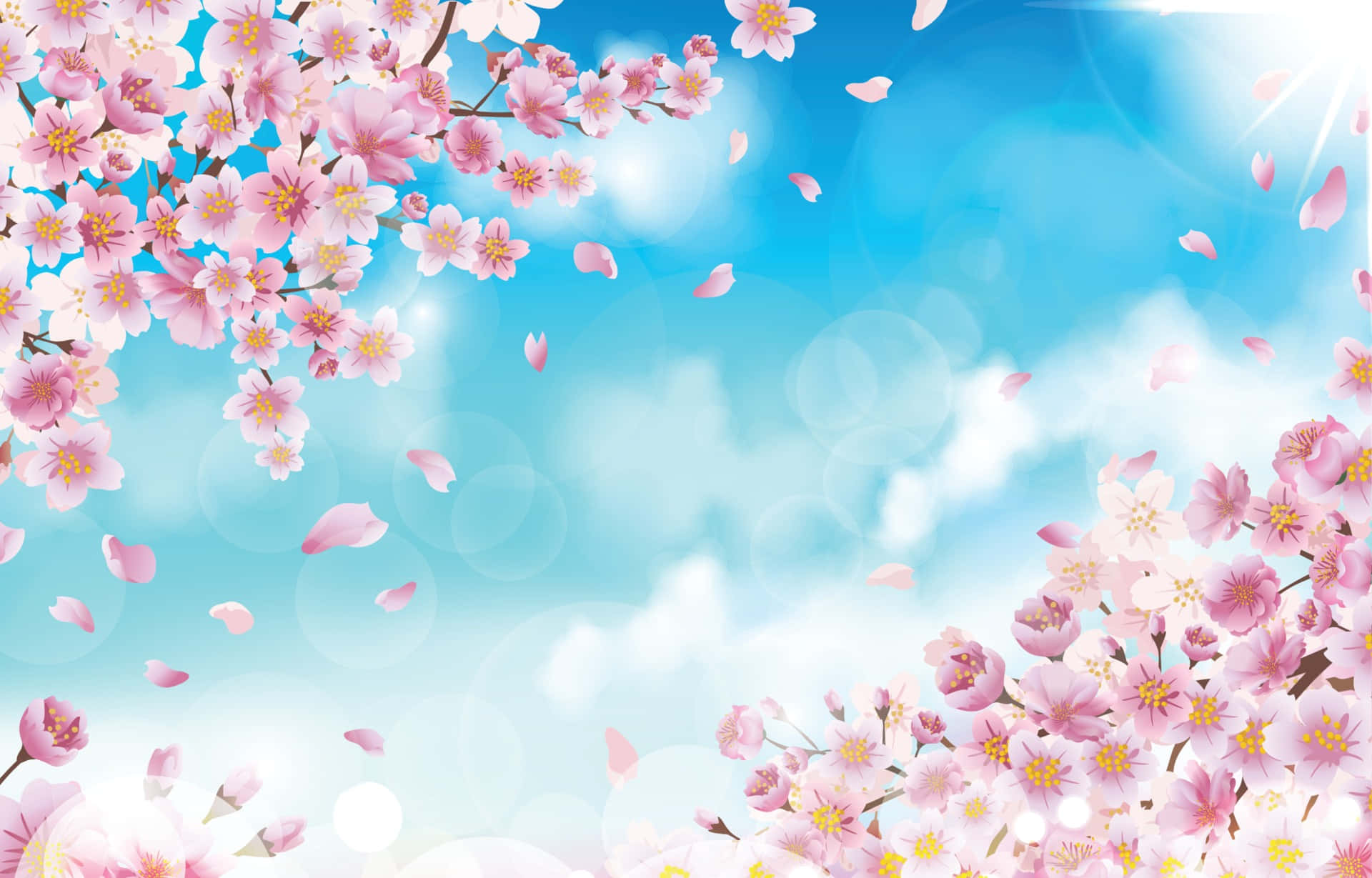 Blossom 桌布 壁紙 — 粉紅色的櫻花襯托著明亮的藍天、柔軟的白雲和飄落的花瓣，營造出夢幻般的春天景象。