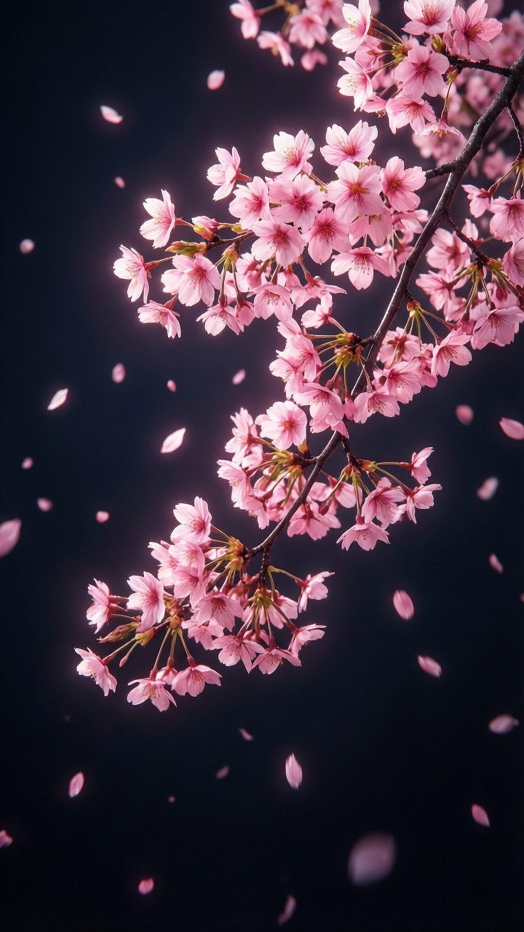 Cherry Blossoms 壁紙 — 一束粉紅色的櫻花在深色背景下盛開，花瓣飄落空中。