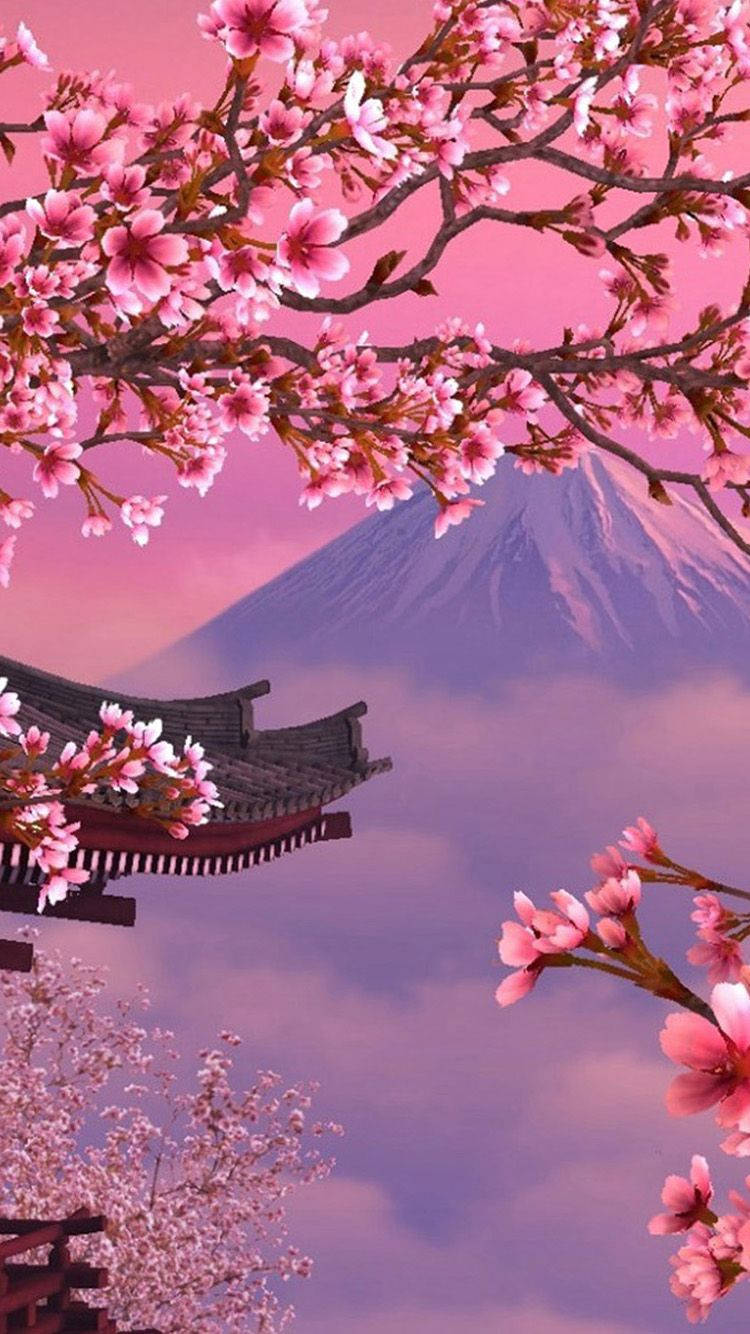 粉紅色的櫻花環繞著傳統的日本屋頂，背景是富士山。 — 日本櫻花 壁紙