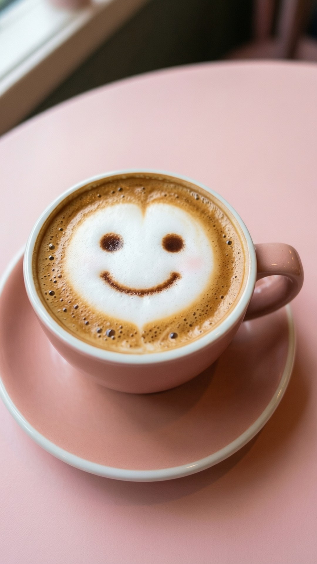 Smiling Coffee Cup 壁紙 — 一杯粉紅色的咖啡，上面有微笑心形拉花藝術，放在相配的粉紅色碟子上，靠近窗邊。