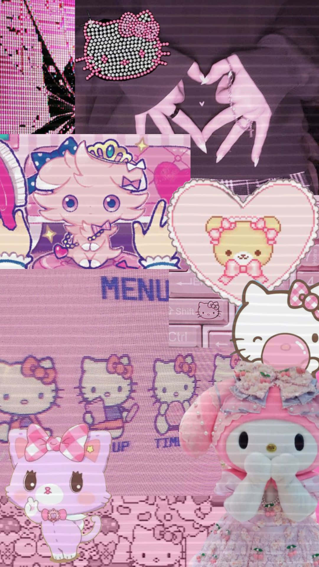  壁紙 — 充滿活力的粉紅色數位拼貼畫，以像素化和閃亮風格的Hello Kitty和My Melody角色為特色，帶有心形圖案。