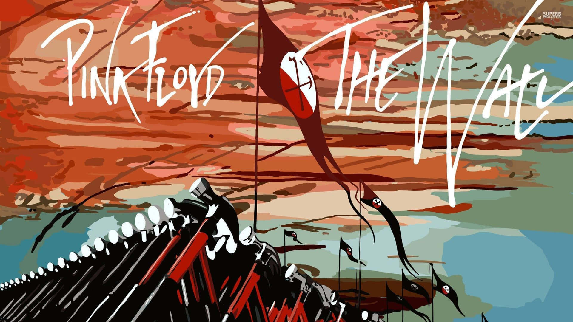 桌布 壁紙 — Pink Floyd《The Wall》專輯封面的風格化插圖，描繪了一面巨大的牆，上面有旗幟，還有一個紅白相間的風箏，背景是帶有紋理的橙色和藍綠色天空。