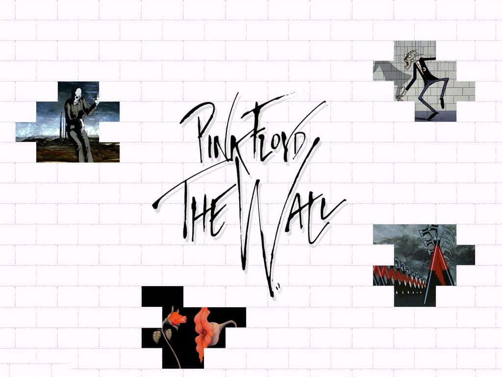 桌布 壁紙 — Pink Floyd 專輯封面藝術作品排列成拼圖碎片，置於白色磚牆上。