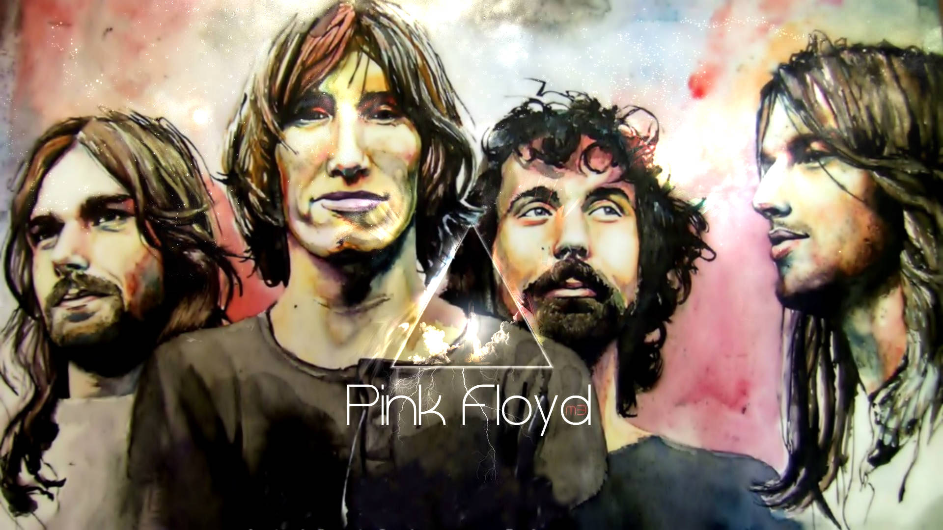 4K 桌布 壁紙 — Pink Floyd 樂團成員的水彩肖像，表情豐富，背景抽象而充滿活力。
