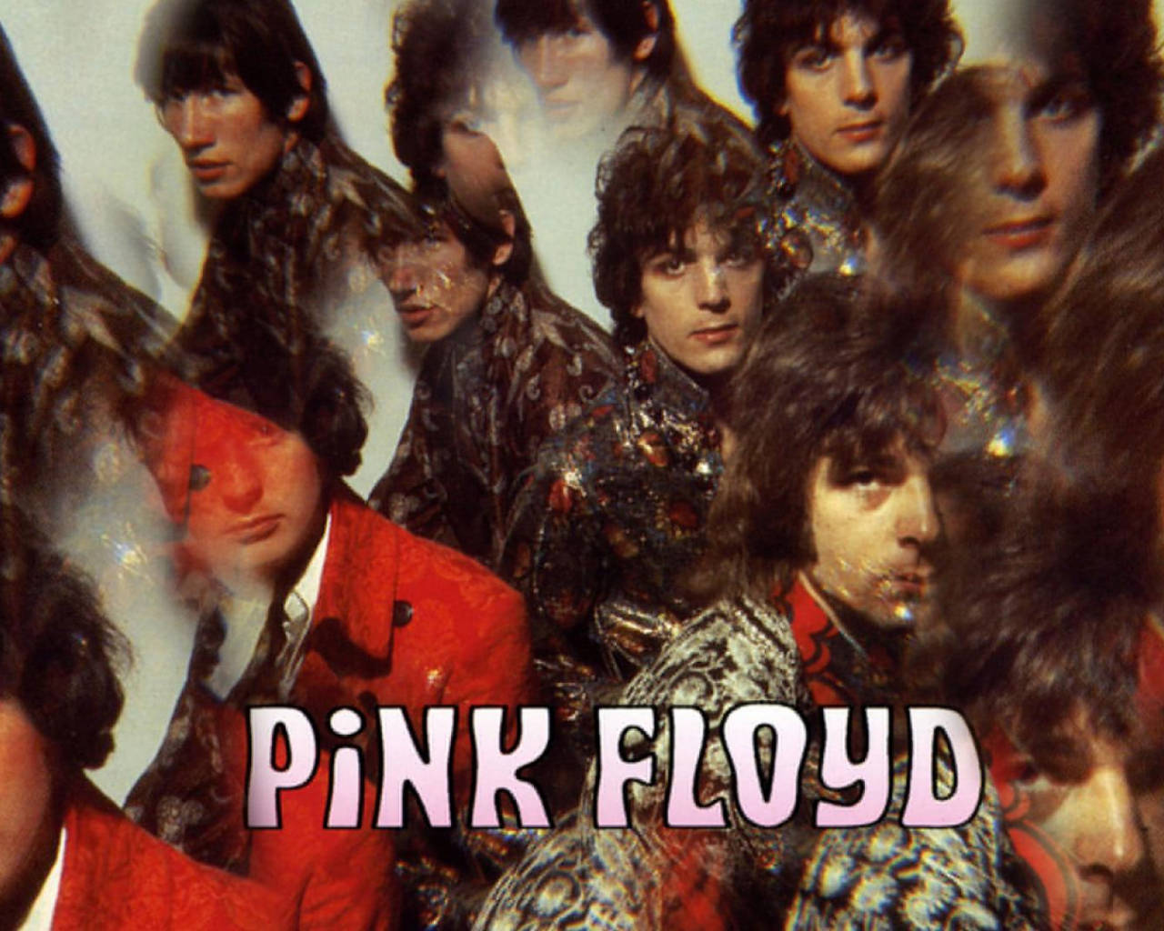 平克·弗洛伊德 桌布 壁紙 — Pink Floyd 樂團成員的迷幻拼貼畫，穿著圖案服裝，眼睛發光，帶有超現實疊加效果。