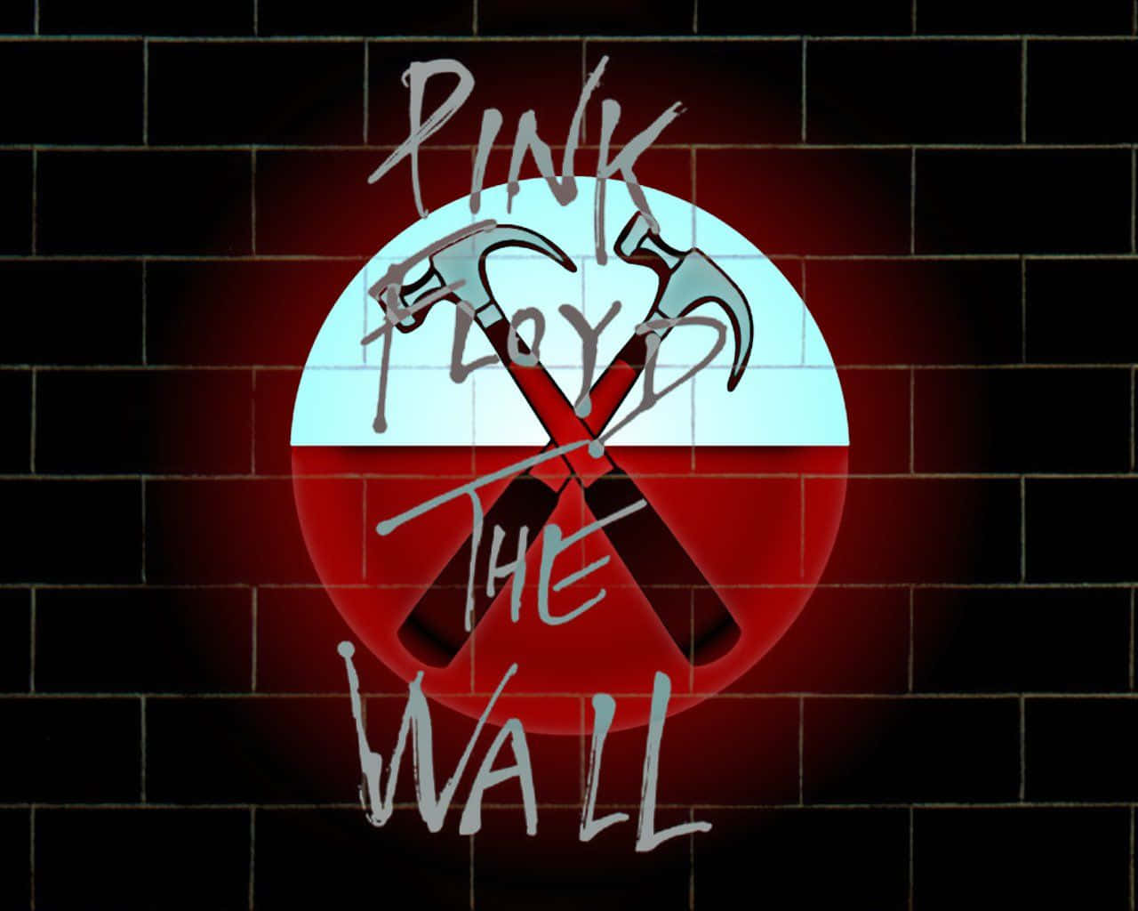 Album Cover 桌布 壁紙 — Pink Floyd 的《The Wall》標誌在深色磚牆背景下發出紅色和藍色的光芒。