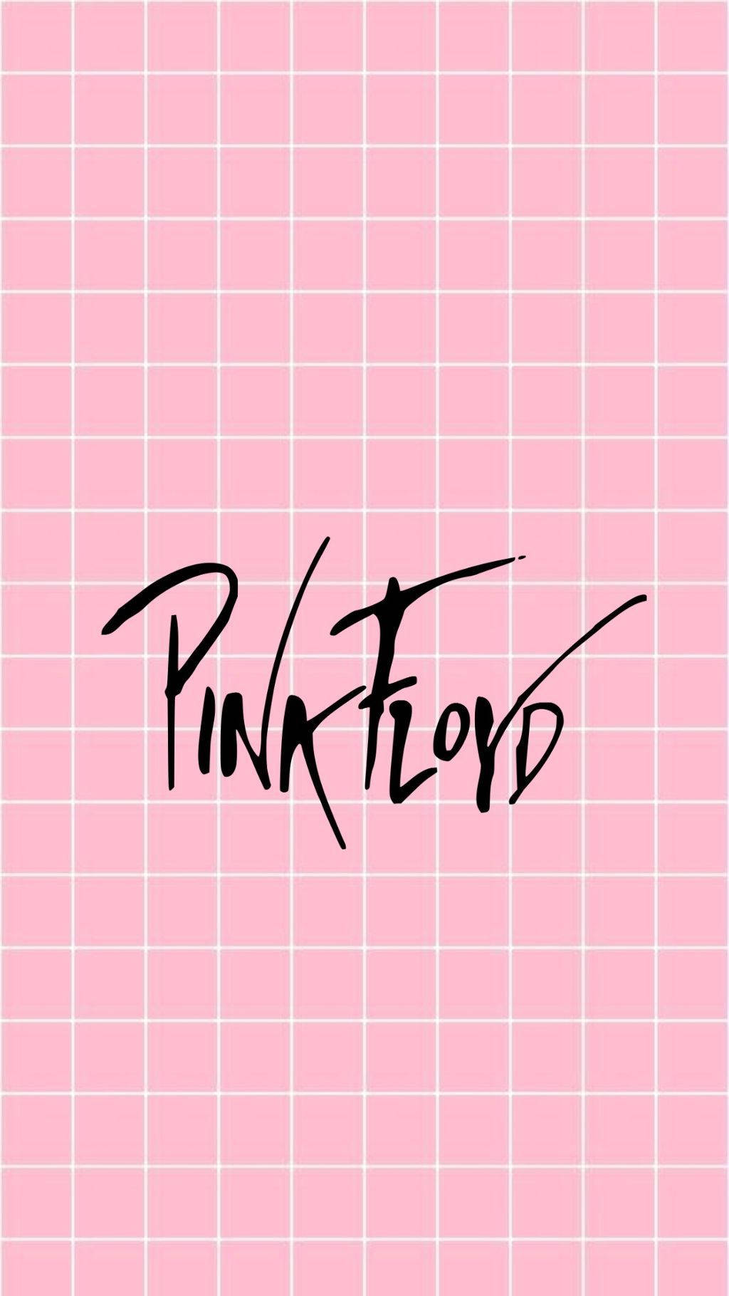 Tumblr Aesthetic 桌布 壁紙 — Pink Floyd 的簽名以粗體黑色字體居中顯示在柔和的粉紅色網格背景上。