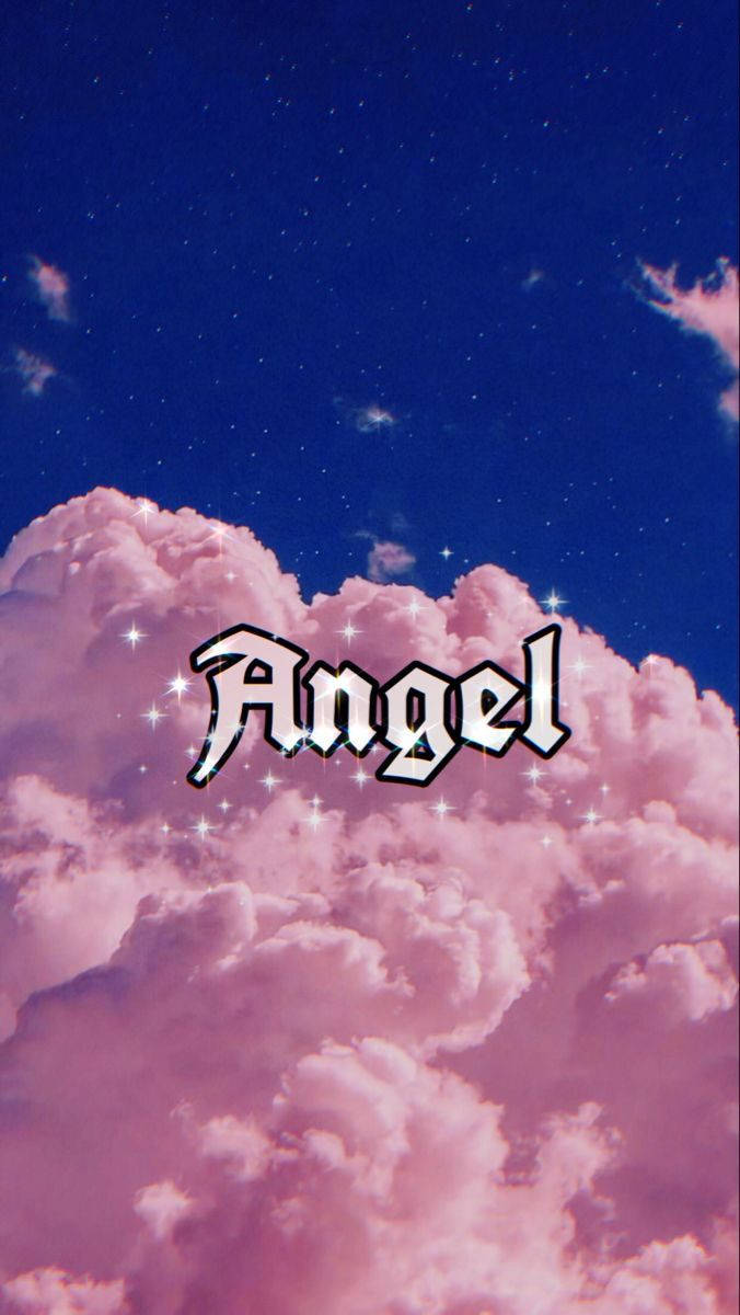 Cloud Aesthetic 桌布 壁紙 — Pink fluffy clouds float under a starry night sky with the word Angel sparkling in gothic font.